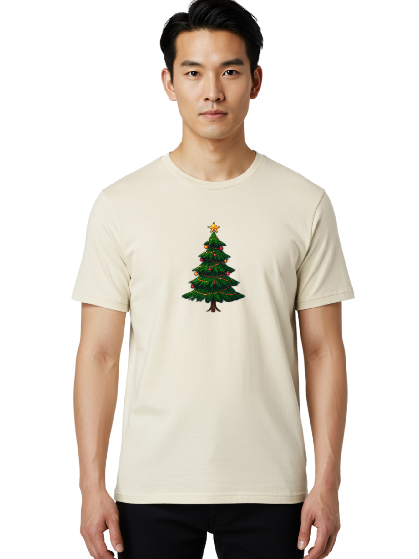 Christmas-Tree-1 Men'S Graphic Tee, 100% Cotton, Comfortable Casual Summer Wear, Machine Washable, Christmas Tree Illustration, Decorated Tree, Festive Decorations, Red And Gold Ornaments, String Lights, Golden Star, Holiday Season, Bab749