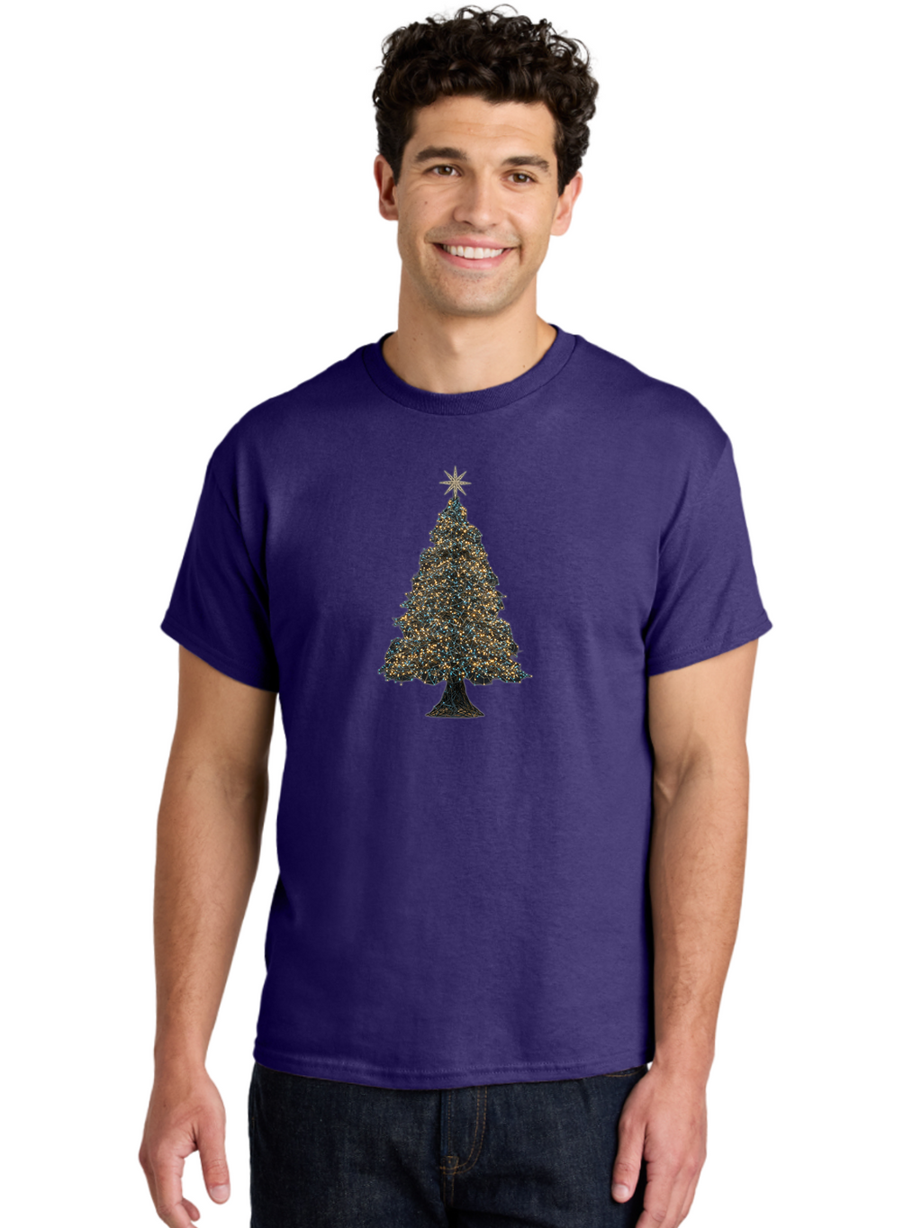 Christmas-Tree-2 Men'S Graphic Tee, 100% Cotton, Comfortable Casual Summer Wear, Machine Washable, Christmas Tree With Lights, Festive Decorations, Holiday Season, Twinkling Lights, Star On Top, Winter Wonderland, Merry Christmas, Bab750
