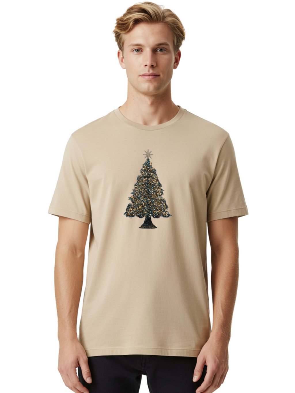 Christmas-Tree-2 Men'S Graphic Tee, 100% Cotton, Comfortable Casual Summer Wear, Machine Washable, Christmas Tree With Lights, Festive Decorations, Holiday Season, Twinkling Lights, Star On Top, Winter Wonderland, Merry Christmas, Bab750