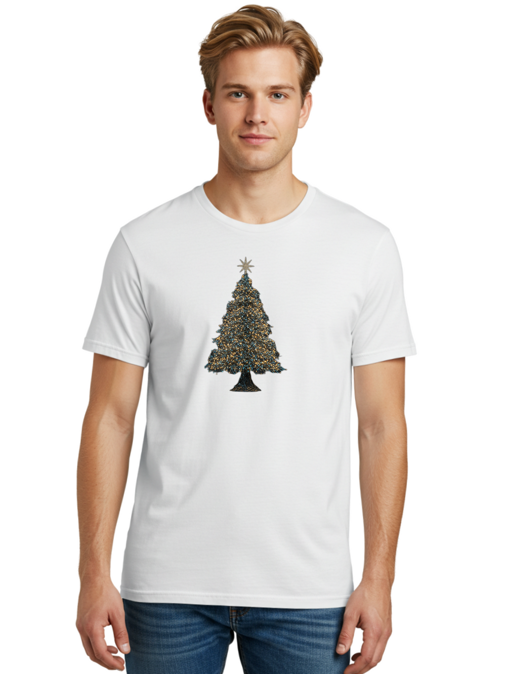 Christmas-Tree-2 Men'S Graphic Tee, 100% Cotton, Comfortable Casual Summer Wear, Machine Washable, Christmas Tree With Lights, Festive Decorations, Holiday Season, Twinkling Lights, Star On Top, Winter Wonderland, Merry Christmas, Bab750