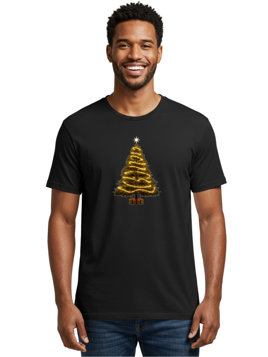 Christmas-Tree-3 Men'S Graphic Tee, 100% Cotton, Comfortable Casual Summer Wear, Machine Washable, Christmas Tree Decoration, Festive Holiday Lights, Glowing String Lights, Star Topper, Winter Season, Holiday Cheer, Christmas Decoration, Bab751