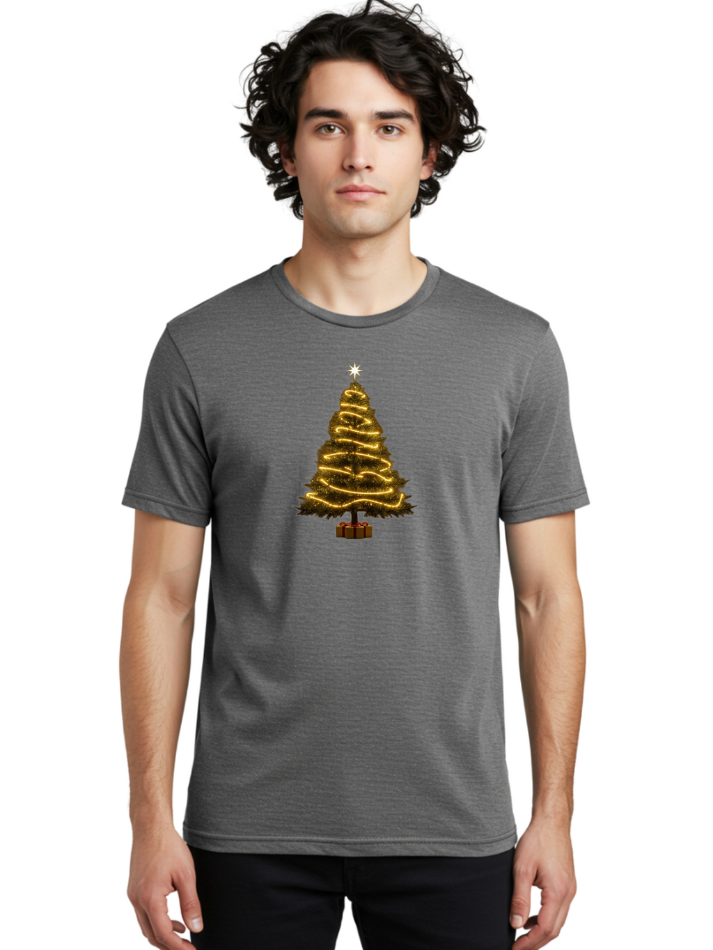 Christmas-Tree-3 Men'S Graphic Tee, 100% Cotton, Comfortable Casual Summer Wear, Machine Washable, Christmas Tree Decoration, Festive Holiday Lights, Glowing String Lights, Star Topper, Winter Season, Holiday Cheer, Christmas Decoration, Bab751