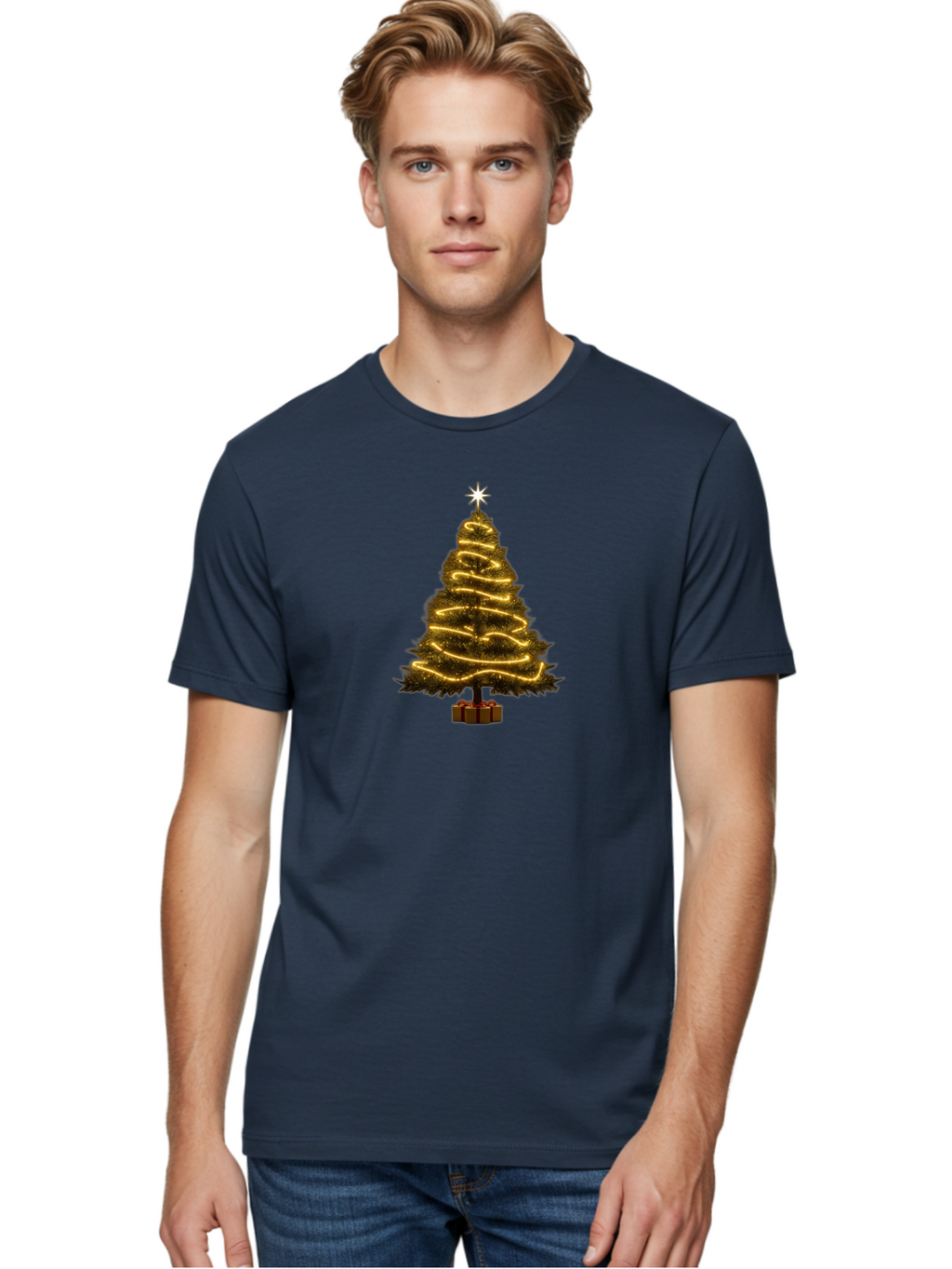 Christmas-Tree-3 Men'S Graphic Tee, 100% Cotton, Comfortable Casual Summer Wear, Machine Washable, Christmas Tree Decoration, Festive Holiday Lights, Glowing String Lights, Star Topper, Winter Season, Holiday Cheer, Christmas Decoration, Bab751