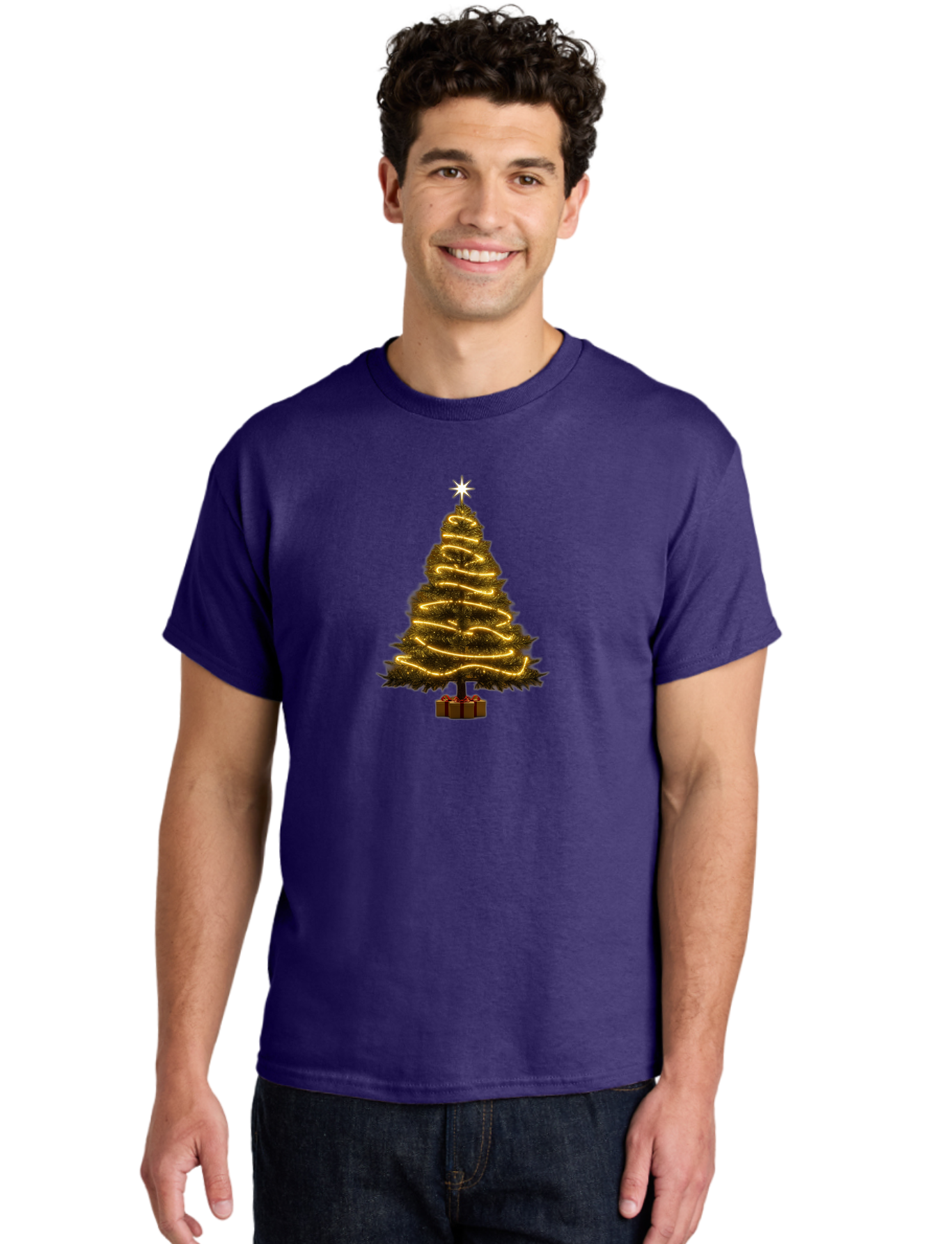 Christmas-Tree-3 Men'S Graphic Tee, 100% Cotton, Comfortable Casual Summer Wear, Machine Washable, Christmas Tree Decoration, Festive Holiday Lights, Glowing String Lights, Star Topper, Winter Season, Holiday Cheer, Christmas Decoration, Bab751