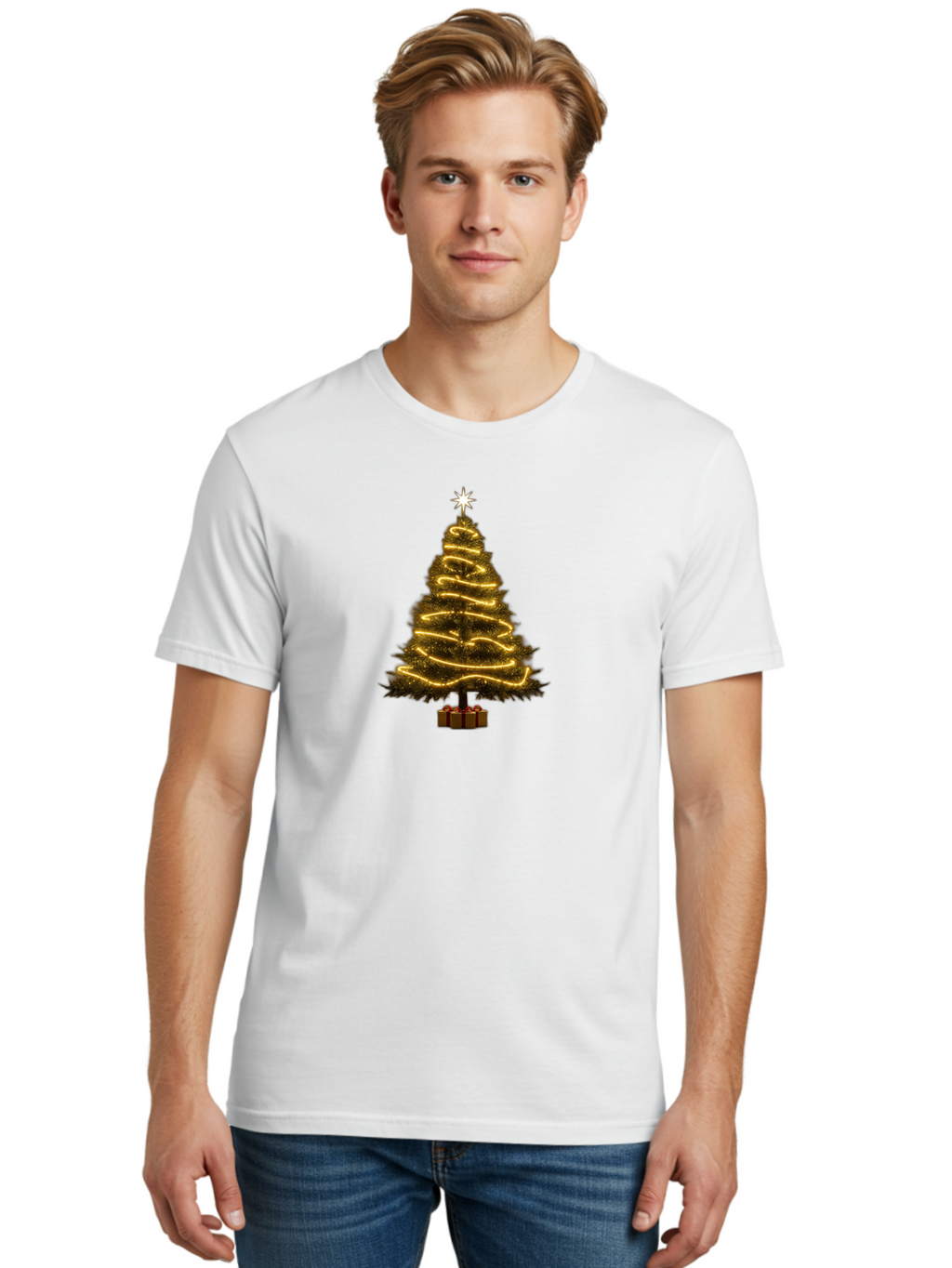 Christmas-Tree-3 Men'S Graphic Tee, 100% Cotton, Comfortable Casual Summer Wear, Machine Washable, Christmas Tree Decoration, Festive Holiday Lights, Glowing String Lights, Star Topper, Winter Season, Holiday Cheer, Christmas Decoration, Bab751