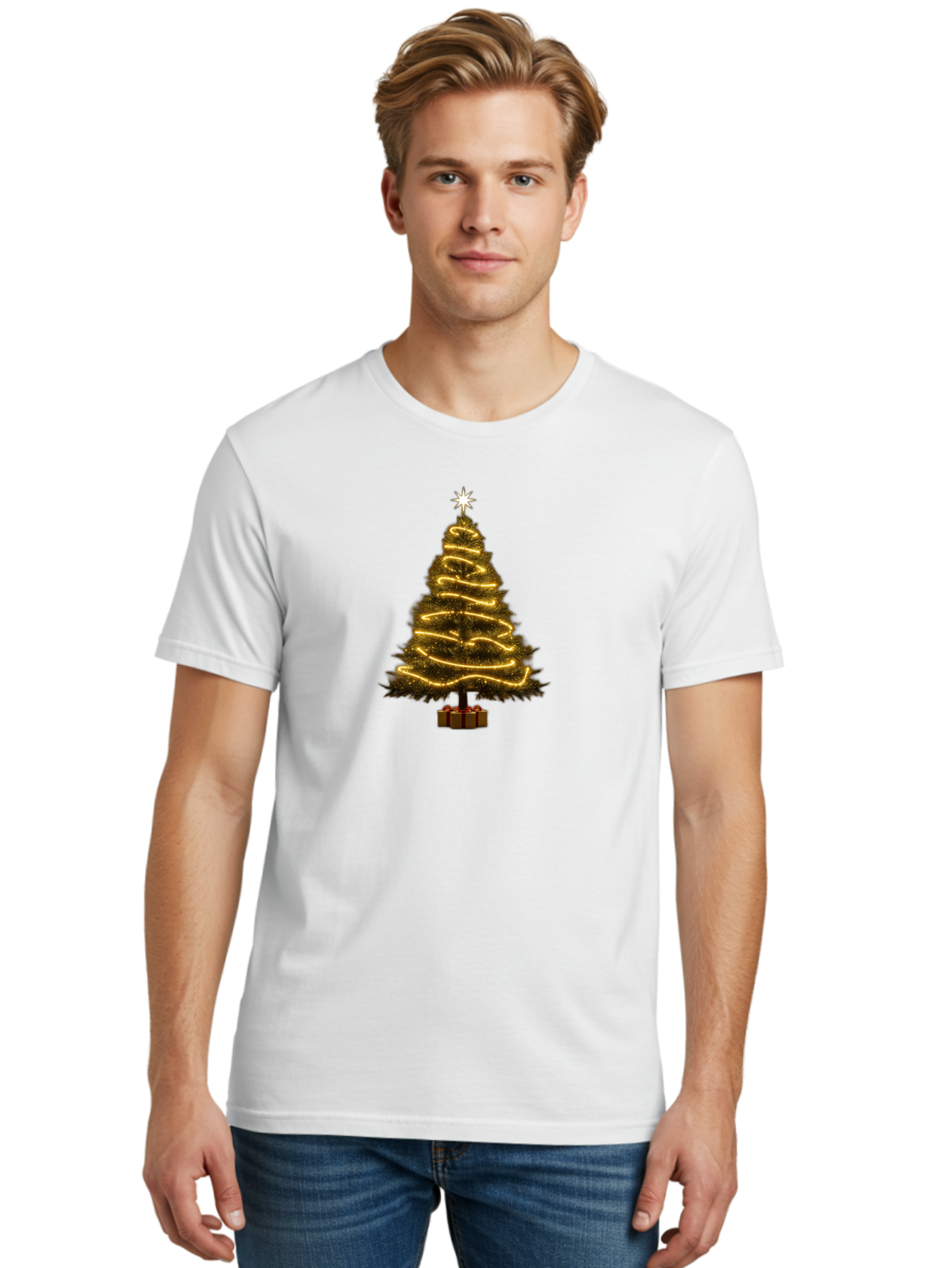 Christmas-Tree-3 Men'S Graphic Tee, 100% Cotton, Comfortable Casual Summer Wear, Machine Washable, Christmas Tree Decoration, Festive Holiday Lights, Glowing String Lights, Star Topper, Winter Season, Holiday Cheer, Christmas Decoration, Bab751