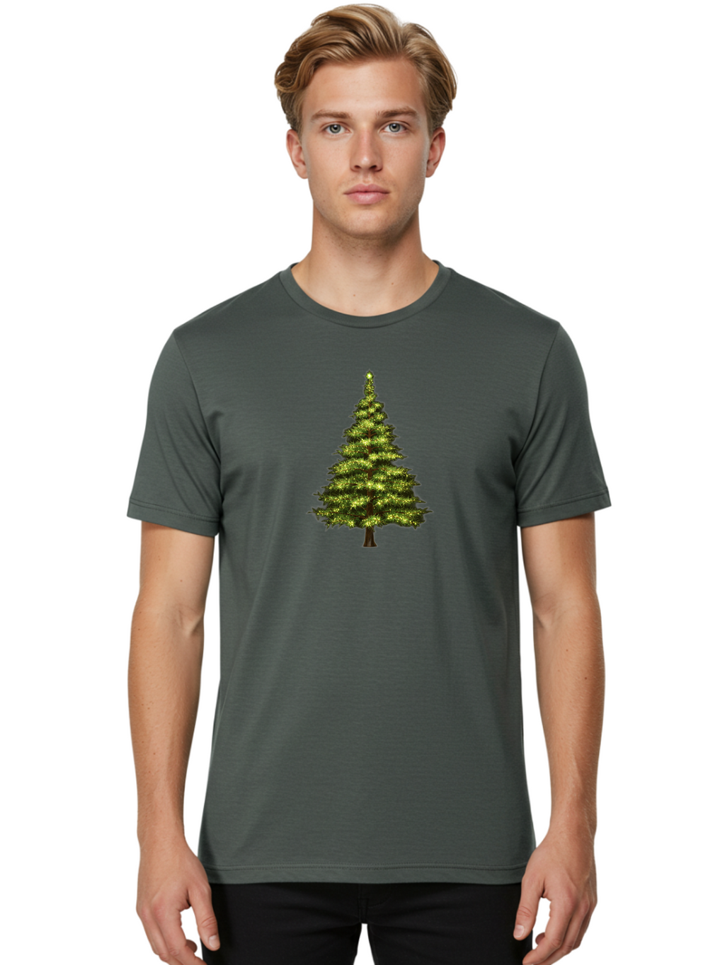 Christmas-Tree-4 Men'S Graphic Tee, 100% Cotton, Comfortable Casual Summer Wear, Machine Washable, Christmas Tree, Christmas Lights, Festive Decoration, Holiday Season, Winter Wonderland, Christmas Magic, Twinkling Lights, Evergreen Tree, Bab752