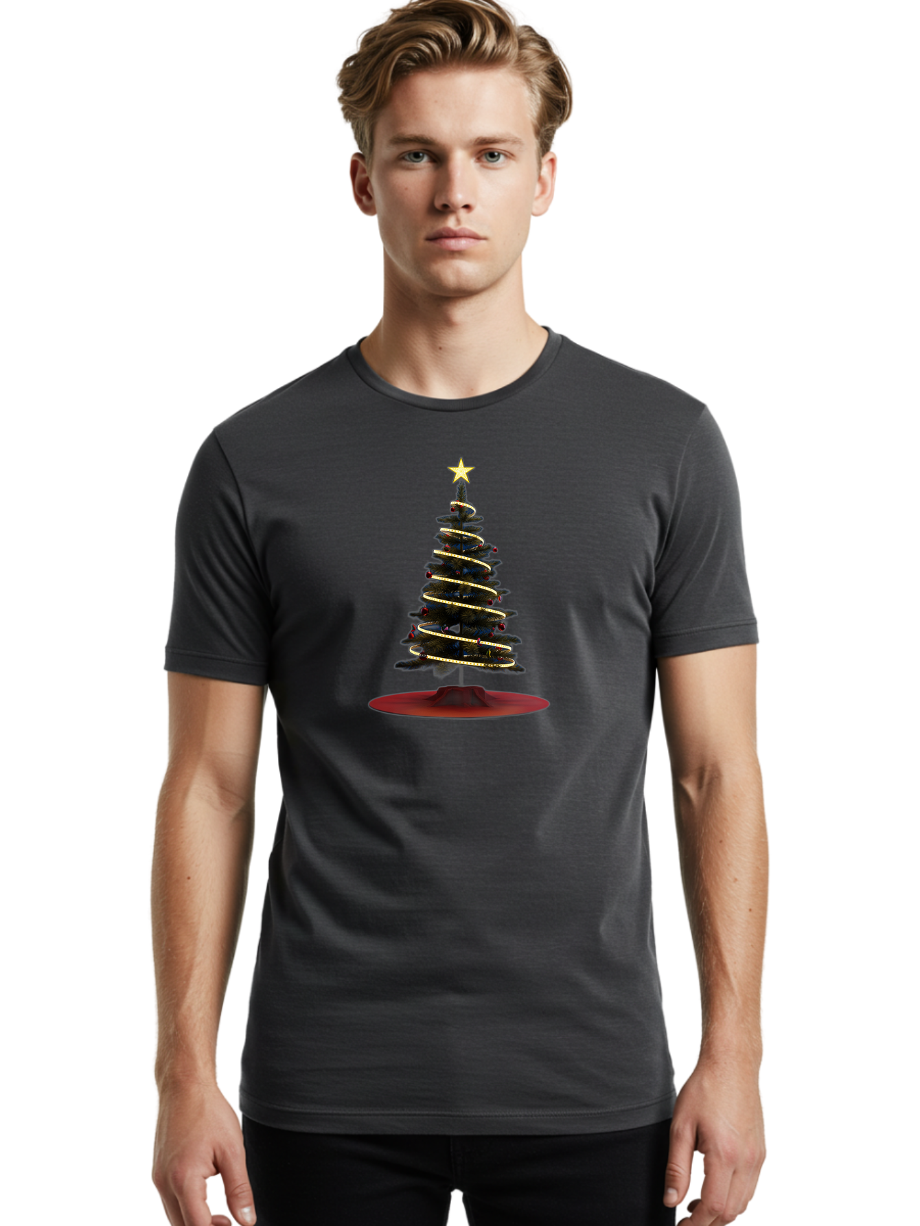 Christmas-Tree Men'S Graphic Tee, 100% Cotton, Comfortable Casual Summer Wear, Machine Washable, Christmas Tree Decoration, Holiday Season, Festive Atmosphere, Spiral Gold Ribbon, Star Topper, Christmas Tree Lights, Winter Wonderland, Bab753