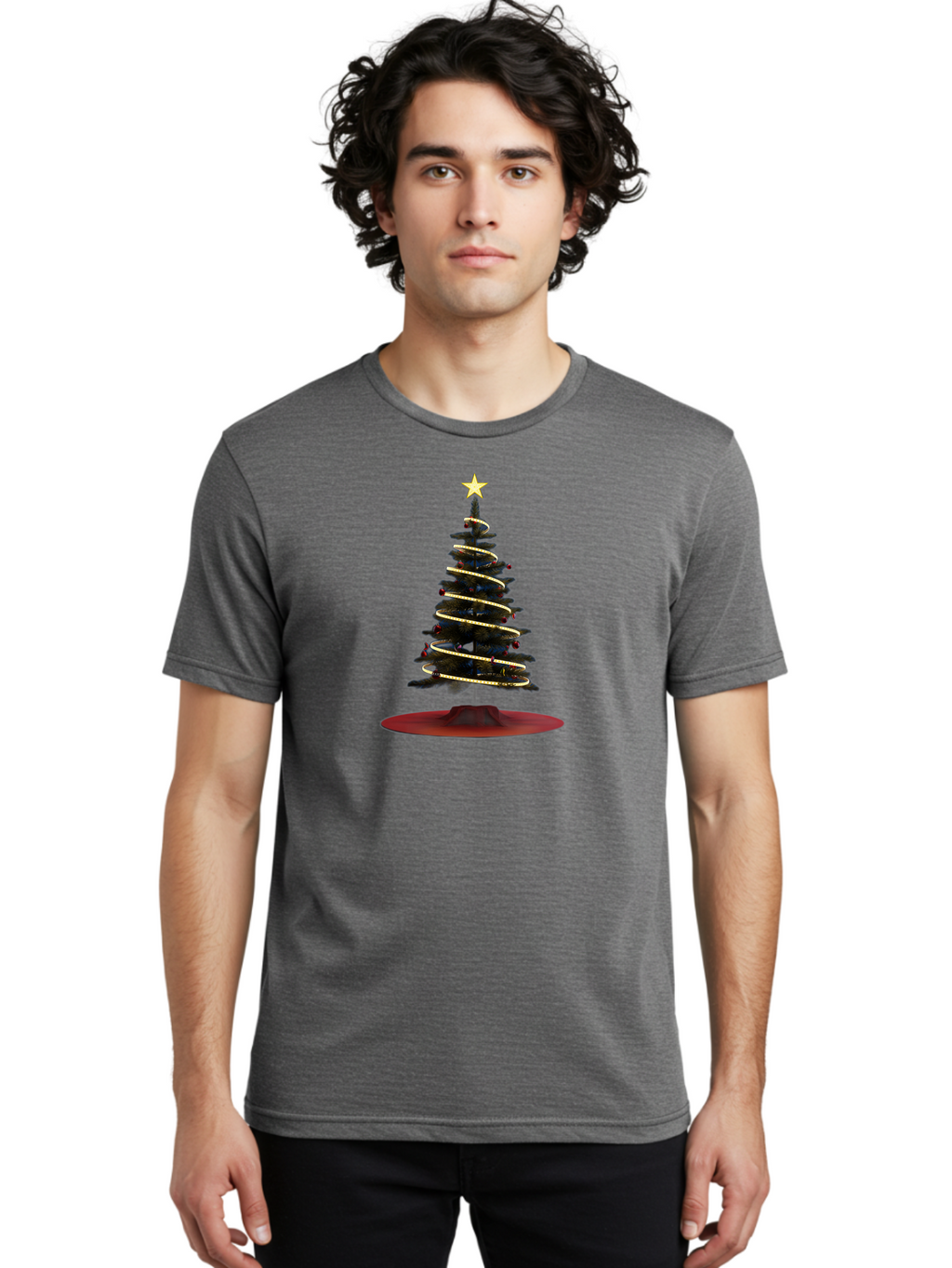 Christmas-Tree Men'S Graphic Tee, 100% Cotton, Comfortable Casual Summer Wear, Machine Washable, Christmas Tree Decoration, Holiday Season, Festive Atmosphere, Spiral Gold Ribbon, Star Topper, Christmas Tree Lights, Winter Wonderland, Bab753
