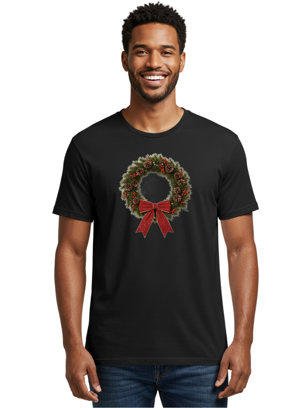 Christmas-Wreath-1 Men'S Graphic Tee, 100% Cotton, Comfortable Casual Summer Wear, Machine Washable, Christmas Wreath, Festive Decoration, Red Bow, Pinecones, Holly Berries, Evergreen Branches, Holiday Decor, Winter Wonderland, Seasonal Decor Bab754