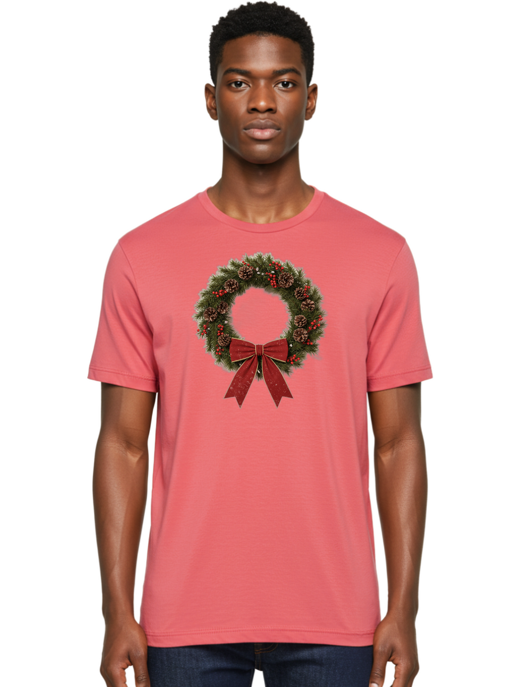 Christmas-Wreath-1 Men'S Graphic Tee, 100% Cotton, Comfortable Casual Summer Wear, Machine Washable, Christmas Wreath, Festive Decoration, Red Bow, Pinecones, Holly Berries, Evergreen Branches, Holiday Decor, Winter Wonderland, Seasonal Decor Bab754