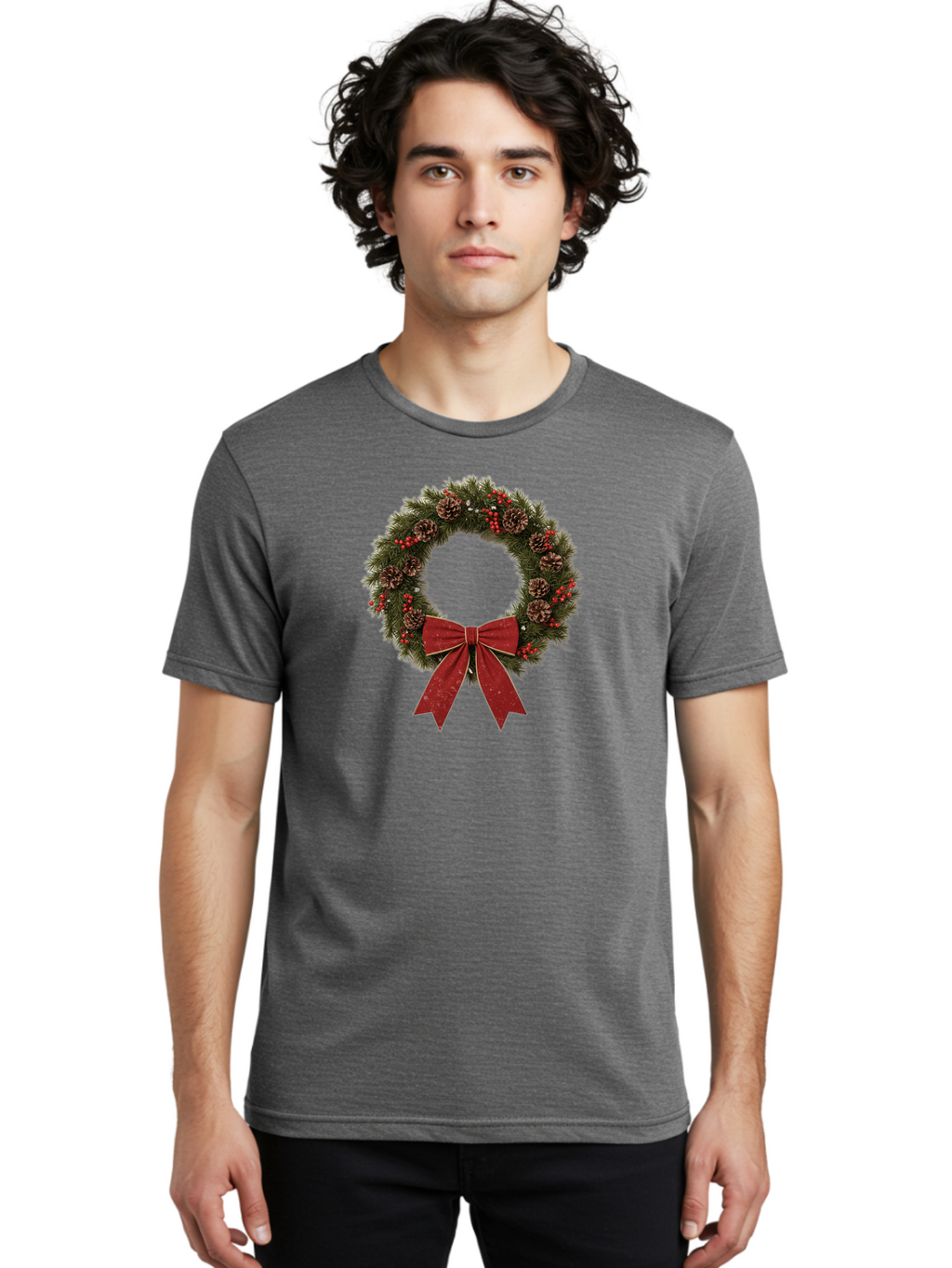 Christmas-Wreath-1 Men'S Graphic Tee, 100% Cotton, Comfortable Casual Summer Wear, Machine Washable, Christmas Wreath, Festive Decoration, Red Bow, Pinecones, Holly Berries, Evergreen Branches, Holiday Decor, Winter Wonderland, Seasonal Decor Bab754