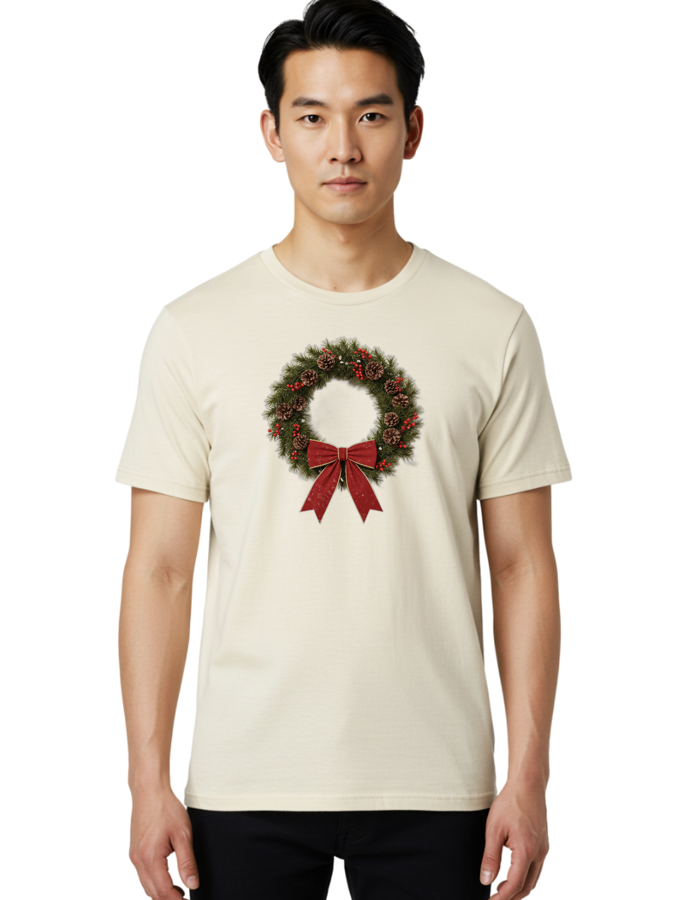 Christmas-Wreath-1 Men'S Graphic Tee, 100% Cotton, Comfortable Casual Summer Wear, Machine Washable, Christmas Wreath, Festive Decoration, Red Bow, Pinecones, Holly Berries, Evergreen Branches, Holiday Decor, Winter Wonderland, Seasonal Decor Bab754