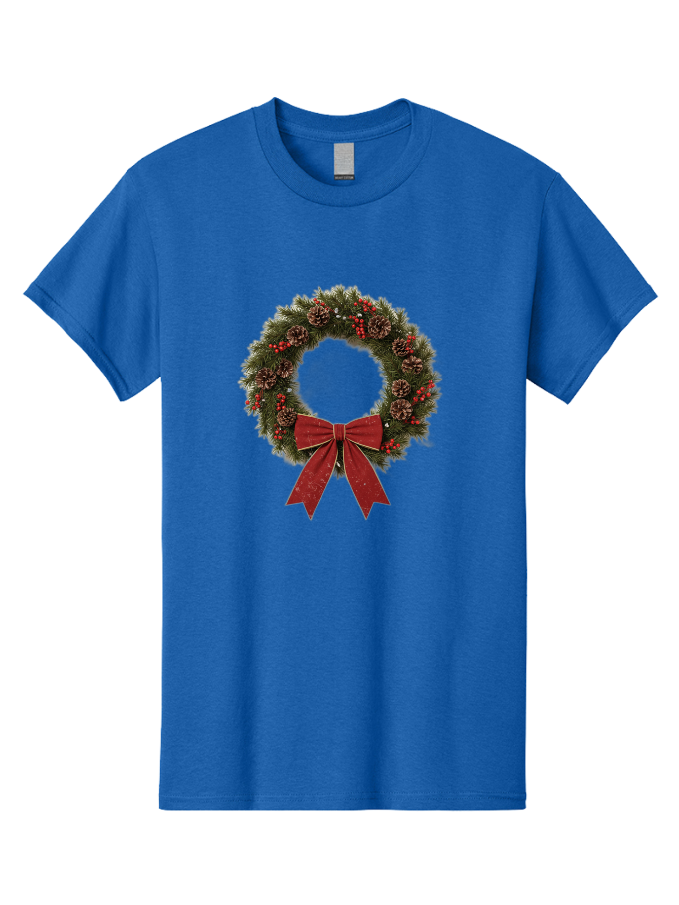 Christmas-Wreath-1 Men'S Graphic Tee, 100% Cotton, Comfortable Casual Summer Wear, Machine Washable, Christmas Wreath, Festive Decoration, Red Bow, Pinecones, Holly Berries, Evergreen Branches, Holiday Decor, Winter Wonderland, Seasonal Decor Bab754