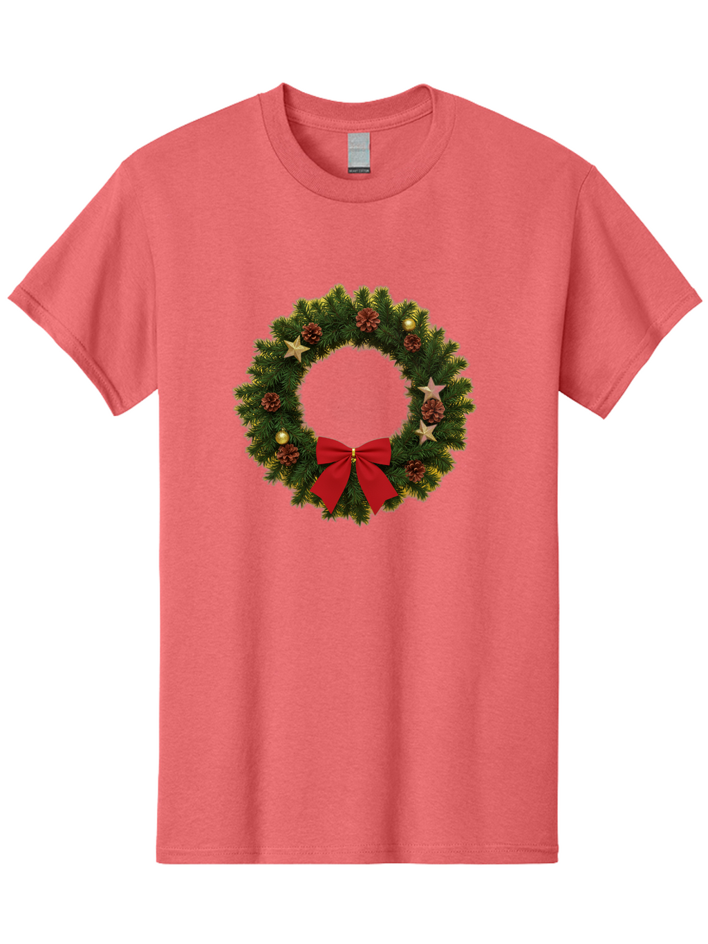 Christmas-Wreath-2 Men'S Graphic Tee, 100% Cotton, Comfortable Casual Summer Wear, Machine Washable, Evergreen Branches, Pinecones, Red Bow, Gold Ornaments, Stars, Festive Decoration, Holiday Decor, Christmas Theme, Seasonal Wreath, Bab755