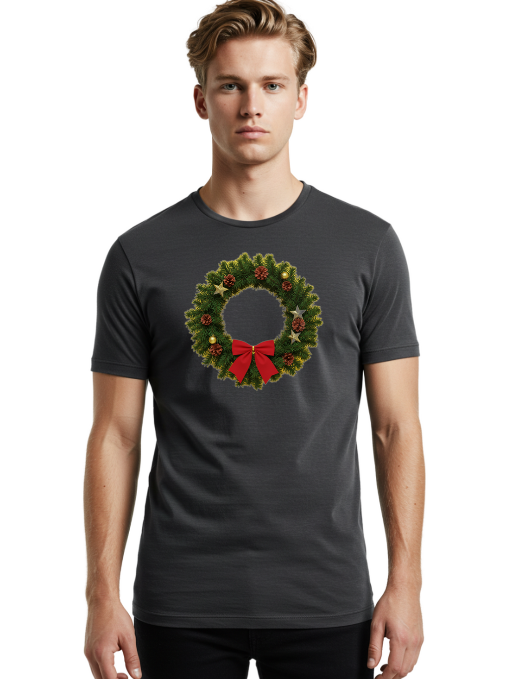 Christmas-Wreath-2 Men'S Graphic Tee, 100% Cotton, Comfortable Casual Summer Wear, Machine Washable, Evergreen Branches, Pinecones, Red Bow, Gold Ornaments, Stars, Festive Decoration, Holiday Decor, Christmas Theme, Seasonal Wreath, Bab755
