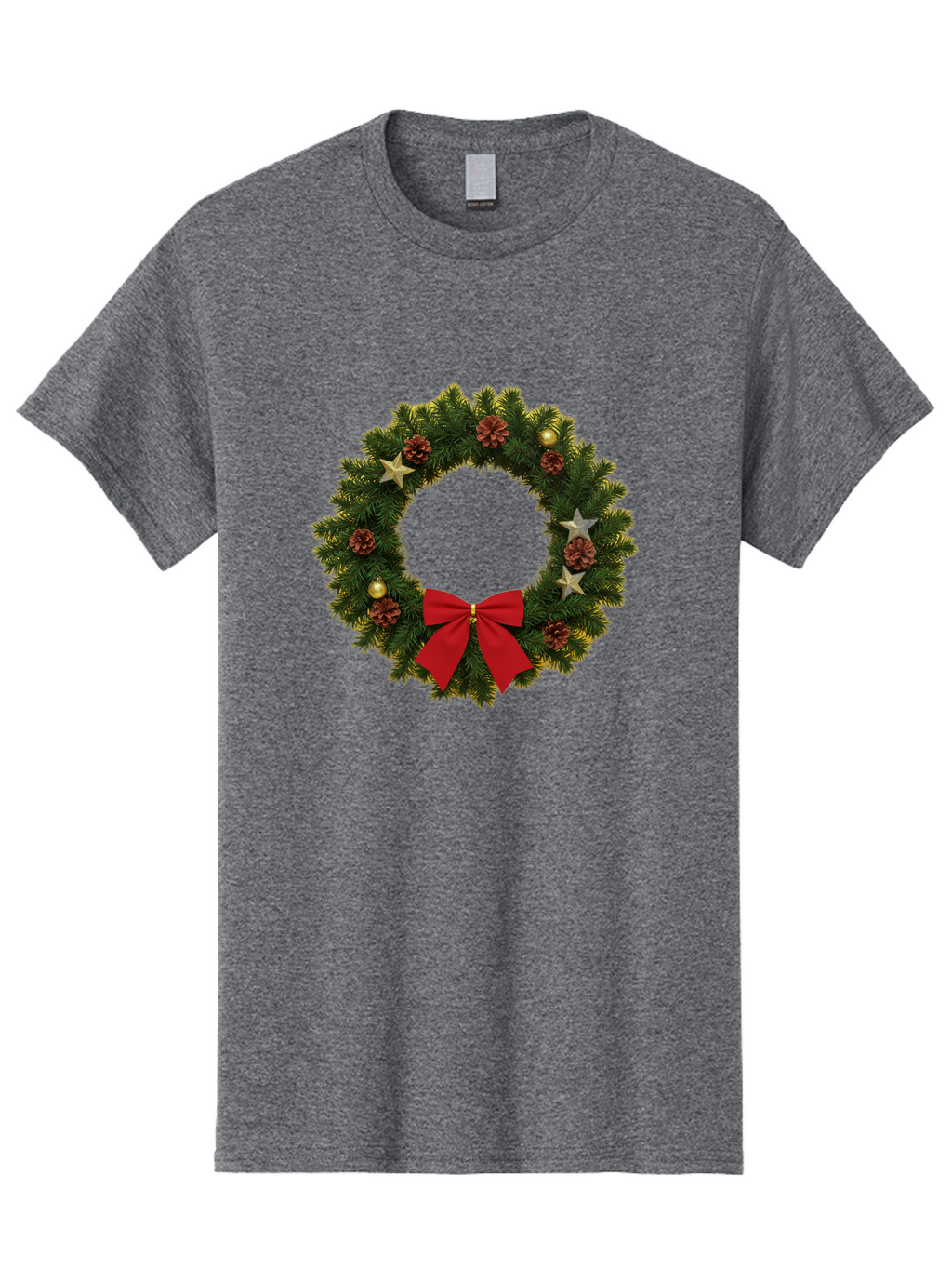 Christmas-Wreath-2 Men'S Graphic Tee, 100% Cotton, Comfortable Casual Summer Wear, Machine Washable, Evergreen Branches, Pinecones, Red Bow, Gold Ornaments, Stars, Festive Decoration, Holiday Decor, Christmas Theme, Seasonal Wreath, Bab755