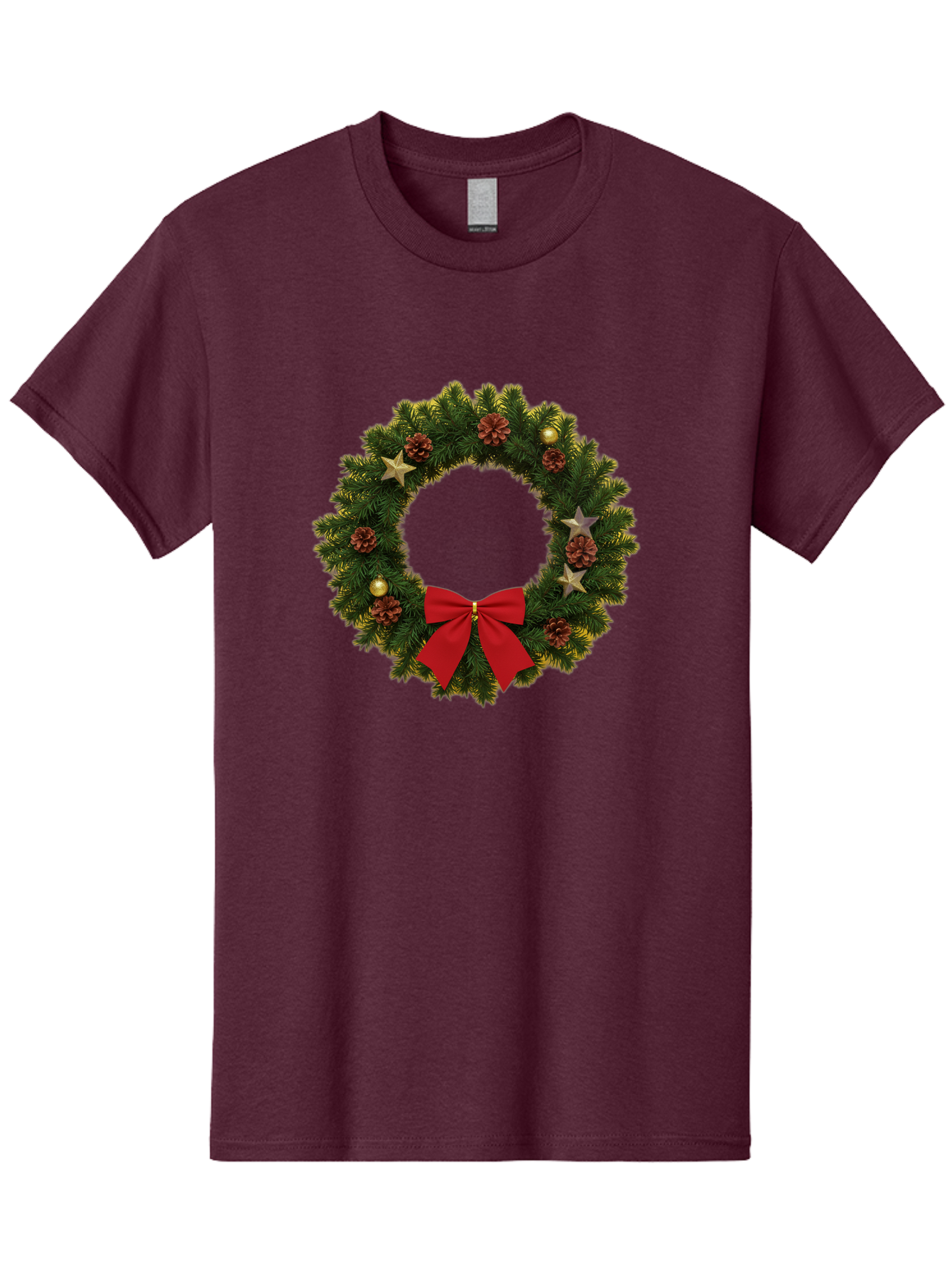 Christmas-Wreath-2 Men'S Graphic Tee, 100% Cotton, Comfortable Casual Summer Wear, Machine Washable, Evergreen Branches, Pinecones, Red Bow, Gold Ornaments, Stars, Festive Decoration, Holiday Decor, Christmas Theme, Seasonal Wreath, Bab755