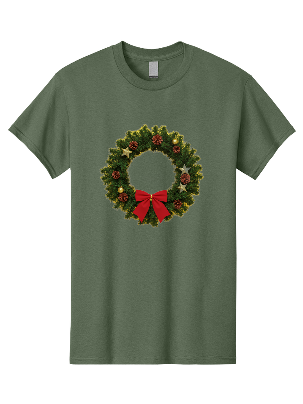 Christmas-Wreath-2 Men'S Graphic Tee, 100% Cotton, Comfortable Casual Summer Wear, Machine Washable, Evergreen Branches, Pinecones, Red Bow, Gold Ornaments, Stars, Festive Decoration, Holiday Decor, Christmas Theme, Seasonal Wreath, Bab755