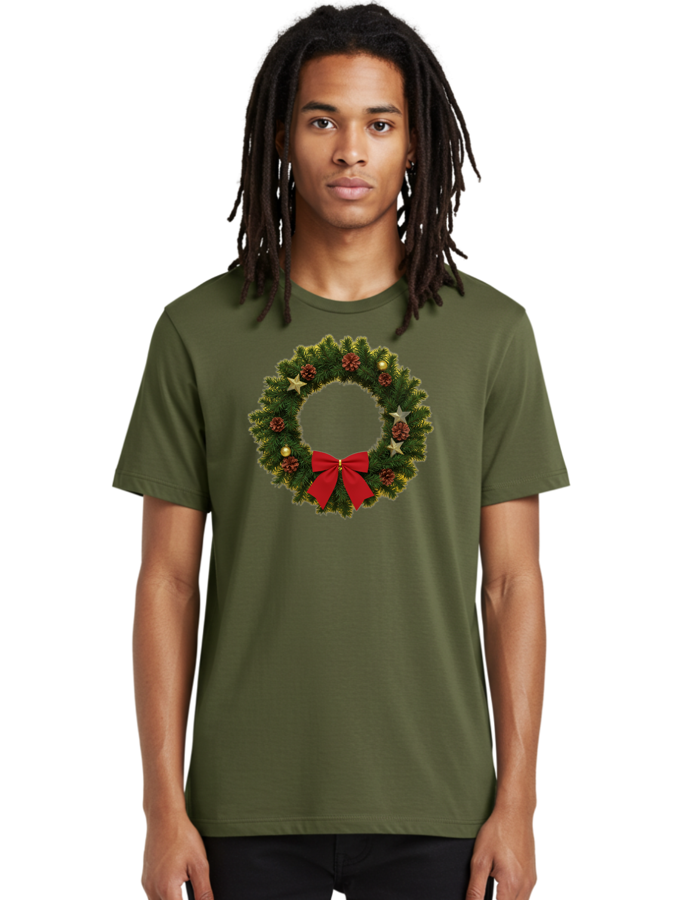 Christmas-Wreath-2 Men'S Graphic Tee, 100% Cotton, Comfortable Casual Summer Wear, Machine Washable, Evergreen Branches, Pinecones, Red Bow, Gold Ornaments, Stars, Festive Decoration, Holiday Decor, Christmas Theme, Seasonal Wreath, Bab755