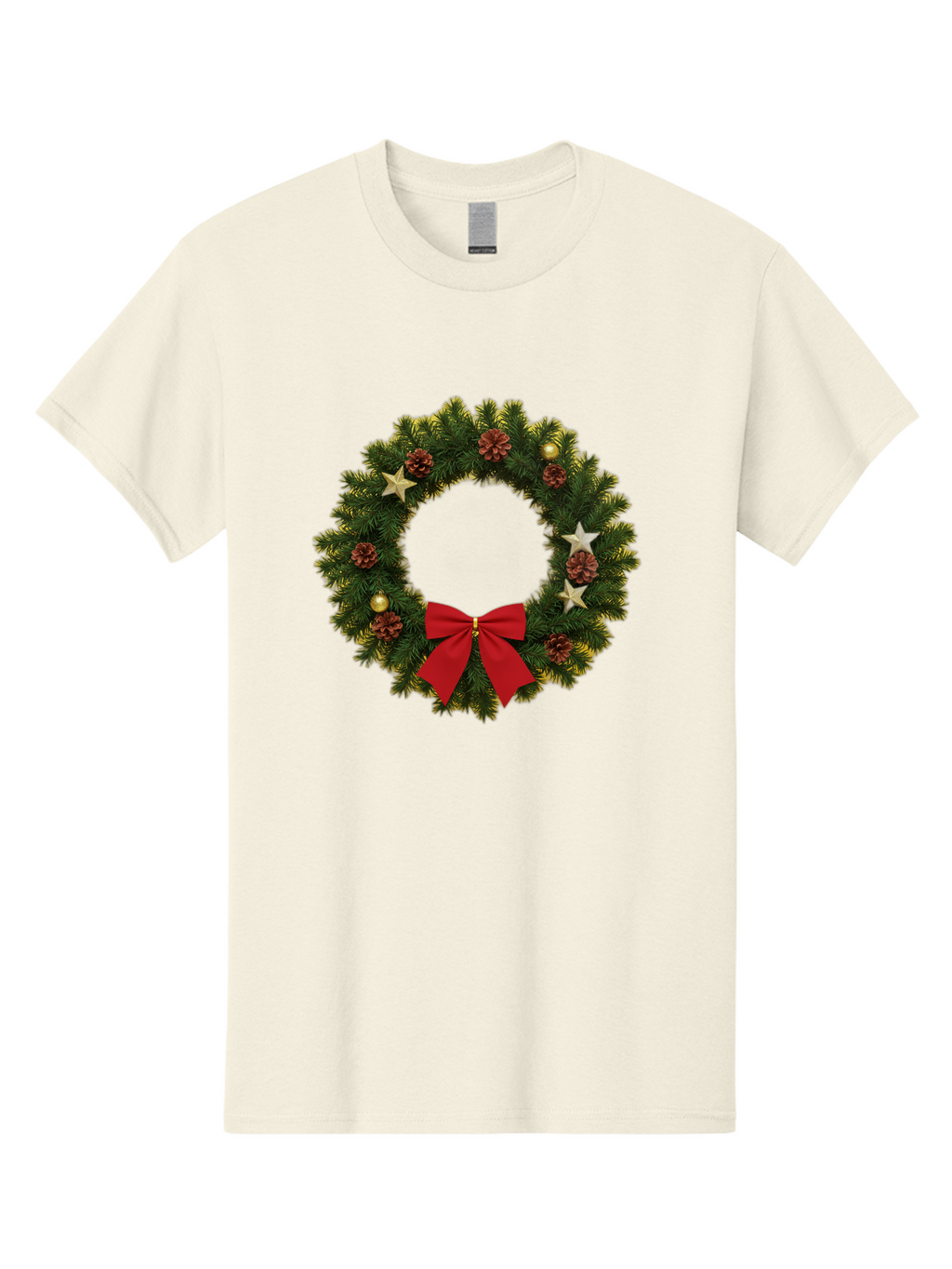 Christmas-Wreath-2 Men'S Graphic Tee, 100% Cotton, Comfortable Casual Summer Wear, Machine Washable, Evergreen Branches, Pinecones, Red Bow, Gold Ornaments, Stars, Festive Decoration, Holiday Decor, Christmas Theme, Seasonal Wreath, Bab755