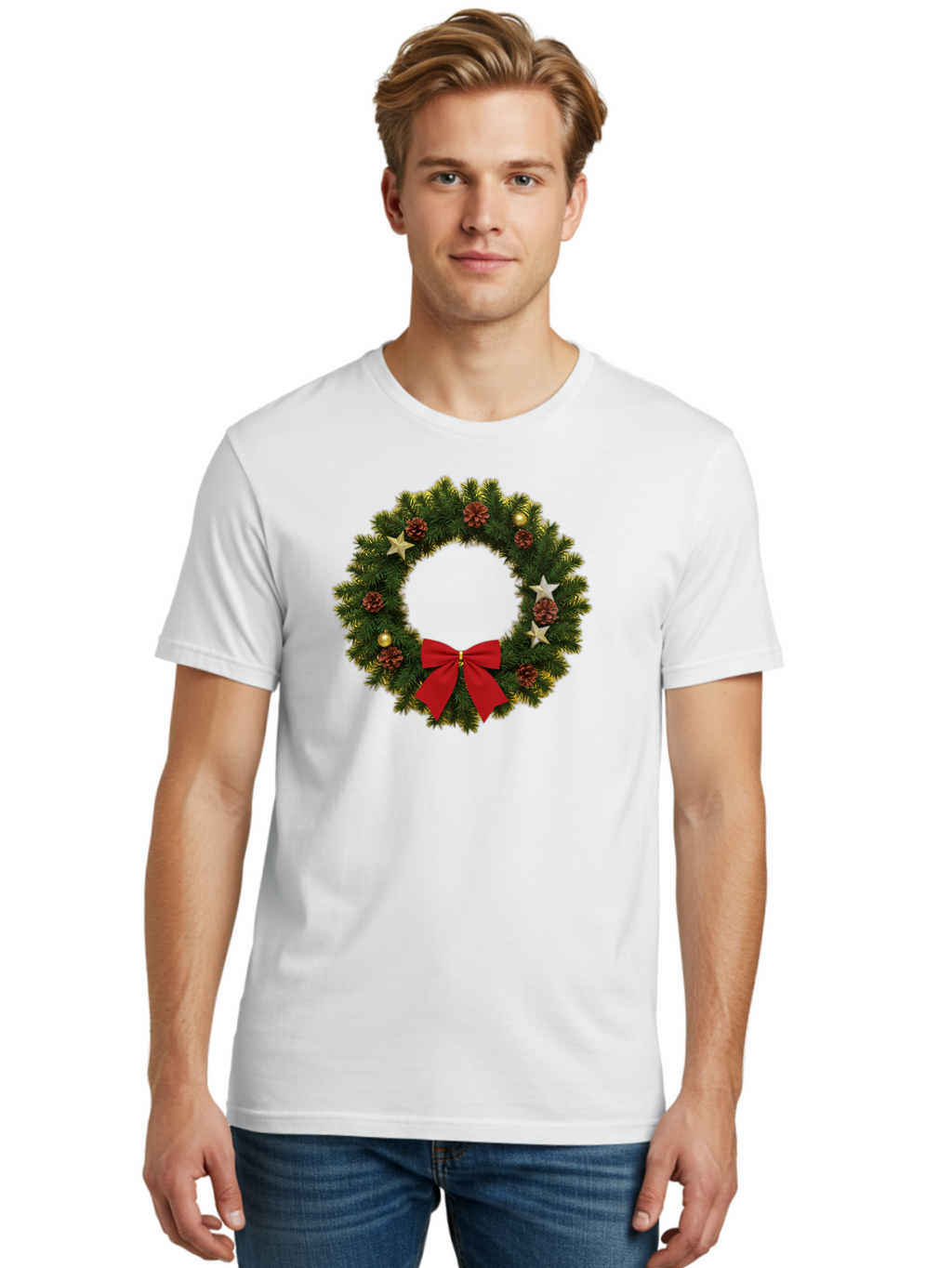 Christmas-Wreath-2 Men'S Graphic Tee, 100% Cotton, Comfortable Casual Summer Wear, Machine Washable, Evergreen Branches, Pinecones, Red Bow, Gold Ornaments, Stars, Festive Decoration, Holiday Decor, Christmas Theme, Seasonal Wreath, Bab755