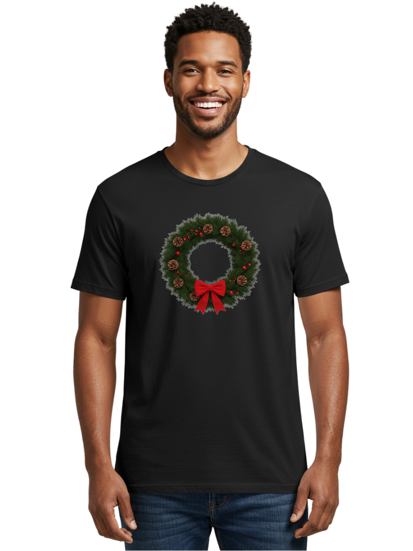Christmas-Wreath-3 Men'S Graphic Tee, 100% Cotton, Comfortable Casual Summer Wear, Machine Washable, Christmas Wreath With Pinecones, Red Baubles, Red Bow, Festive Decorations, Holiday Decor, Evergreen Branches, Seasonal Theme, Bab756