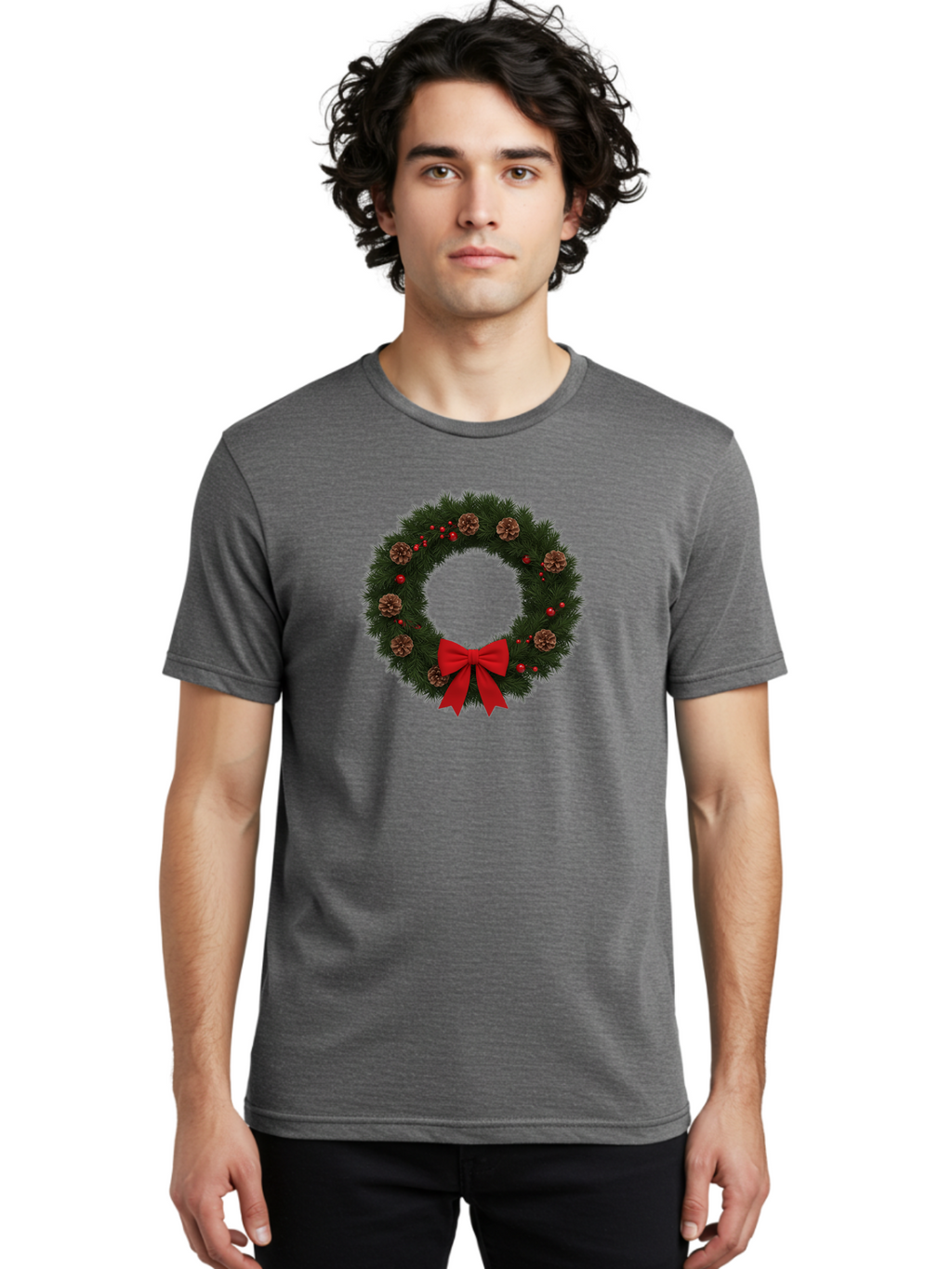 Christmas-Wreath-3 Men'S Graphic Tee, 100% Cotton, Comfortable Casual Summer Wear, Machine Washable, Christmas Wreath With Pinecones, Red Baubles, Red Bow, Festive Decorations, Holiday Decor, Evergreen Branches, Seasonal Theme, Bab756