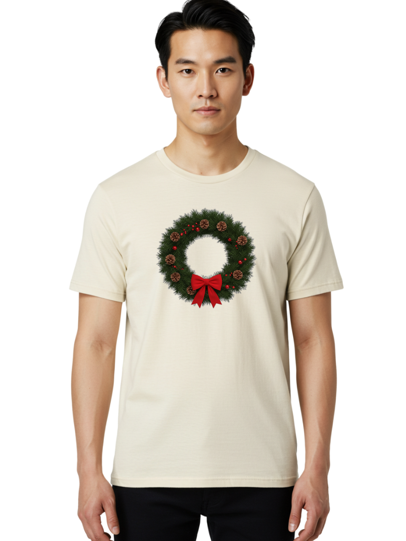 Christmas-Wreath-3 Men'S Graphic Tee, 100% Cotton, Comfortable Casual Summer Wear, Machine Washable, Christmas Wreath With Pinecones, Red Baubles, Red Bow, Festive Decorations, Holiday Decor, Evergreen Branches, Seasonal Theme, Bab756