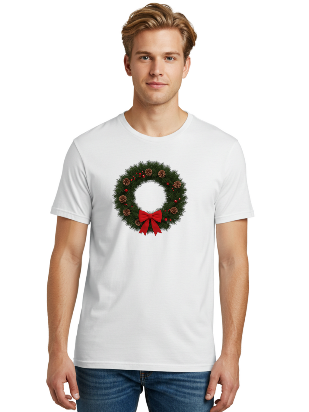Christmas-Wreath-3 Men'S Graphic Tee, 100% Cotton, Comfortable Casual Summer Wear, Machine Washable, Christmas Wreath With Pinecones, Red Baubles, Red Bow, Festive Decorations, Holiday Decor, Evergreen Branches, Seasonal Theme, Bab756