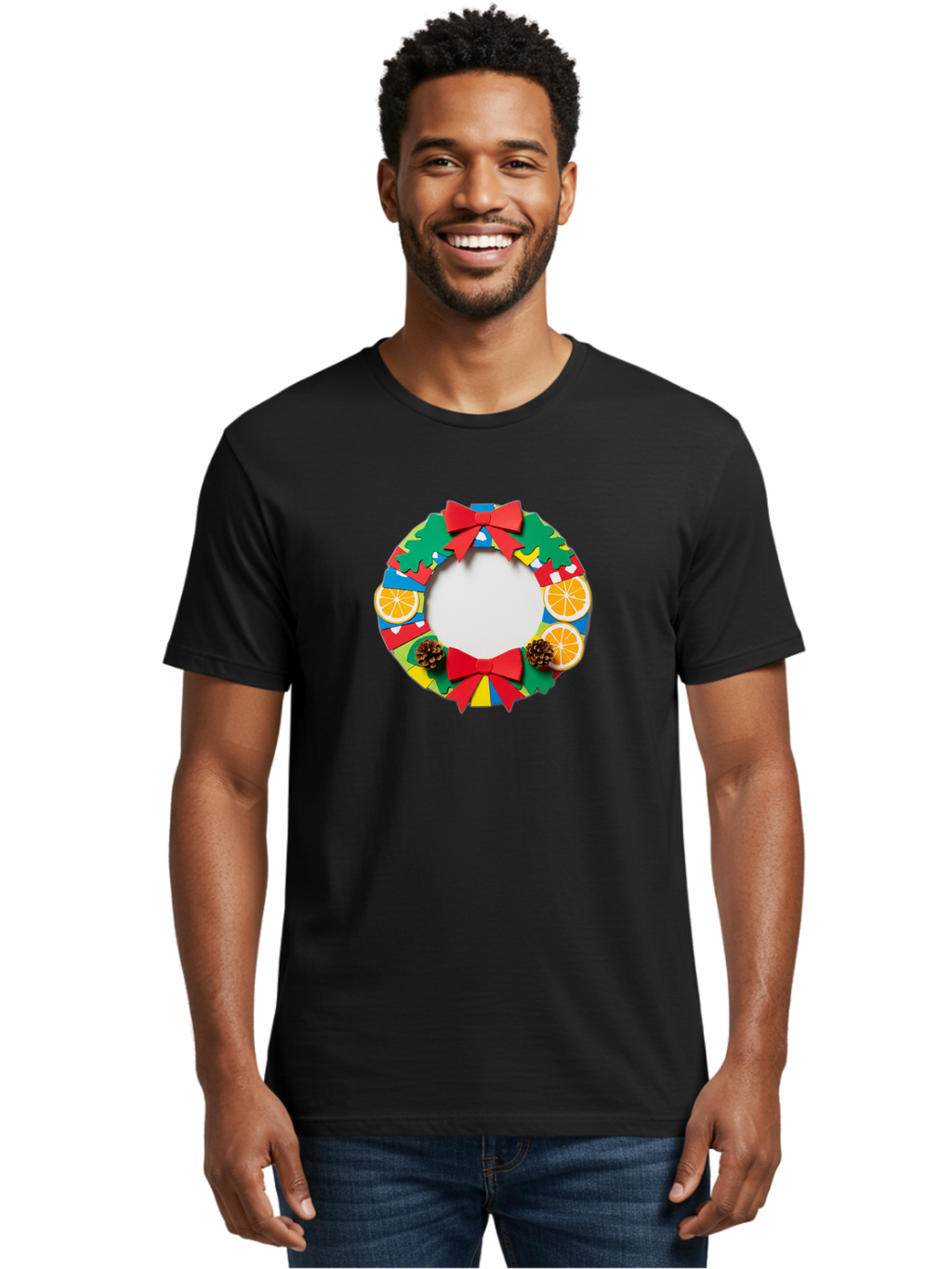 Christmas-Wreath-4 Men'S Graphic Tee, 100% Cotton, Comfortable Casual Summer Wear, Machine Washable, Colorful Christmas Wreath, Festive Decorations, Red Bows, Pine Cones, Orange Slices, Holiday Decor, Seasonal Decor, Christmas Decorations, Bab757