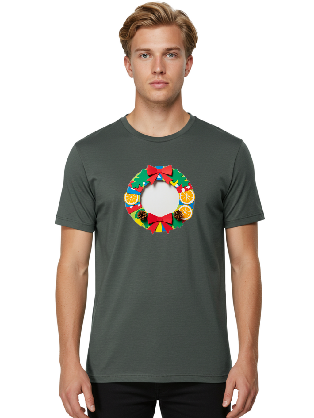 Christmas-Wreath-4 Men'S Graphic Tee, 100% Cotton, Comfortable Casual Summer Wear, Machine Washable, Colorful Christmas Wreath, Festive Decorations, Red Bows, Pine Cones, Orange Slices, Holiday Decor, Seasonal Decor, Christmas Decorations, Bab757