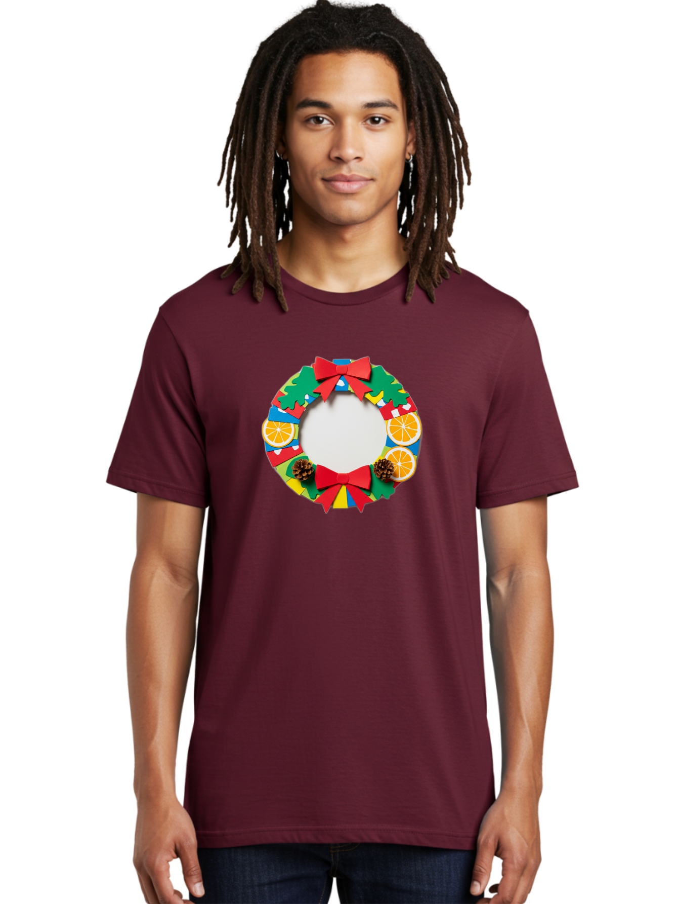 Christmas-Wreath-4 Men'S Graphic Tee, 100% Cotton, Comfortable Casual Summer Wear, Machine Washable, Colorful Christmas Wreath, Festive Decorations, Red Bows, Pine Cones, Orange Slices, Holiday Decor, Seasonal Decor, Christmas Decorations, Bab757
