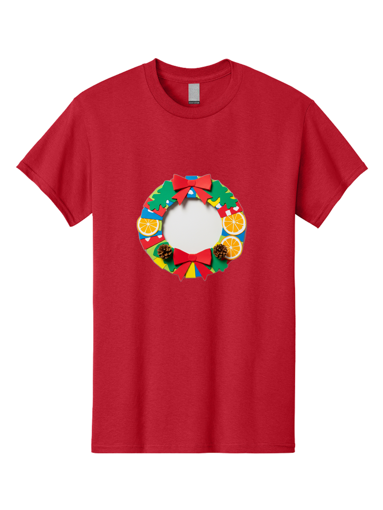 Christmas-Wreath-4 Men'S Graphic Tee, 100% Cotton, Comfortable Casual Summer Wear, Machine Washable, Colorful Christmas Wreath, Festive Decorations, Red Bows, Pine Cones, Orange Slices, Holiday Decor, Seasonal Decor, Christmas Decorations, Bab757