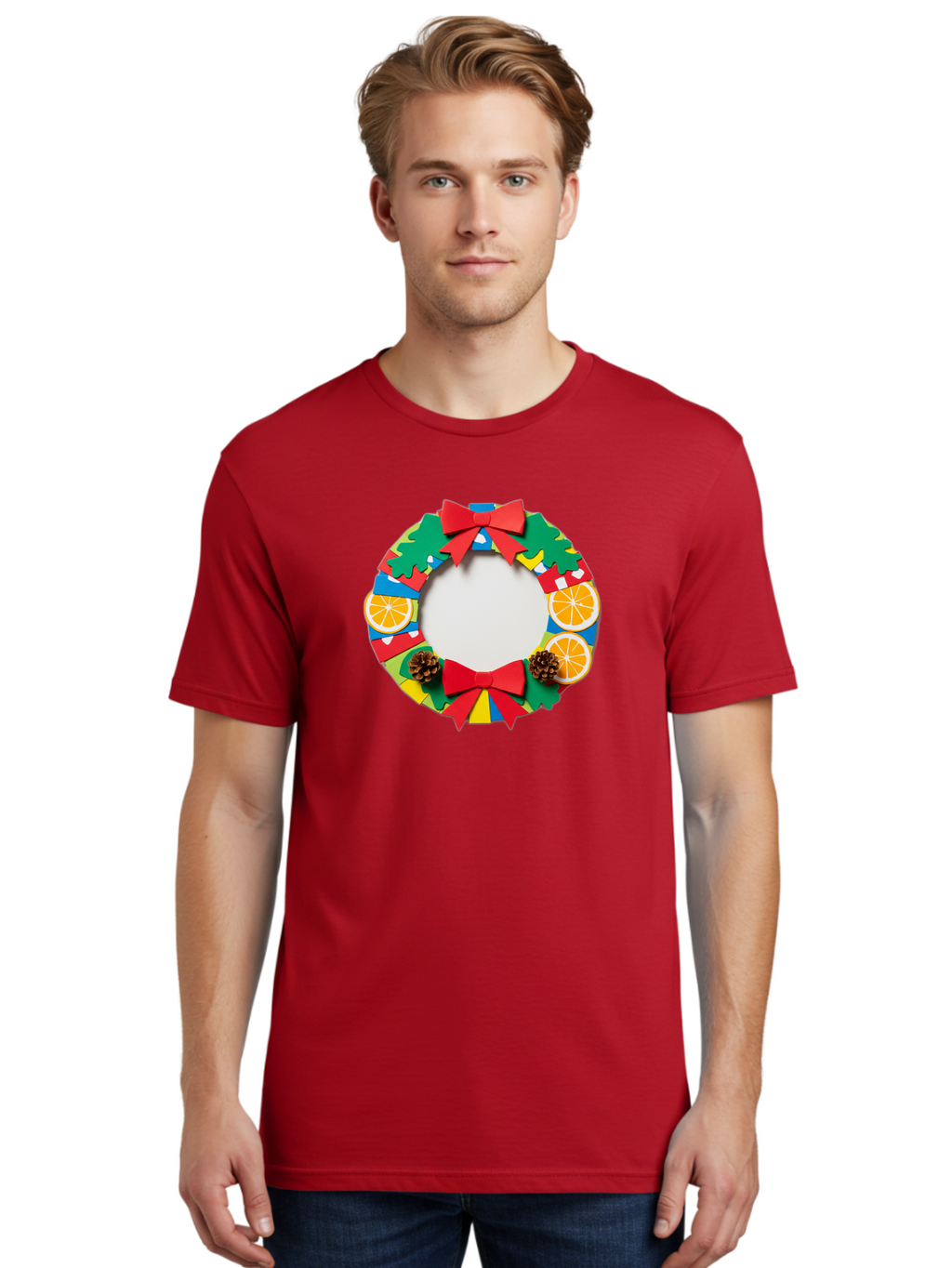 Christmas-Wreath-4 Men'S Graphic Tee, 100% Cotton, Comfortable Casual Summer Wear, Machine Washable, Colorful Christmas Wreath, Festive Decorations, Red Bows, Pine Cones, Orange Slices, Holiday Decor, Seasonal Decor, Christmas Decorations, Bab757
