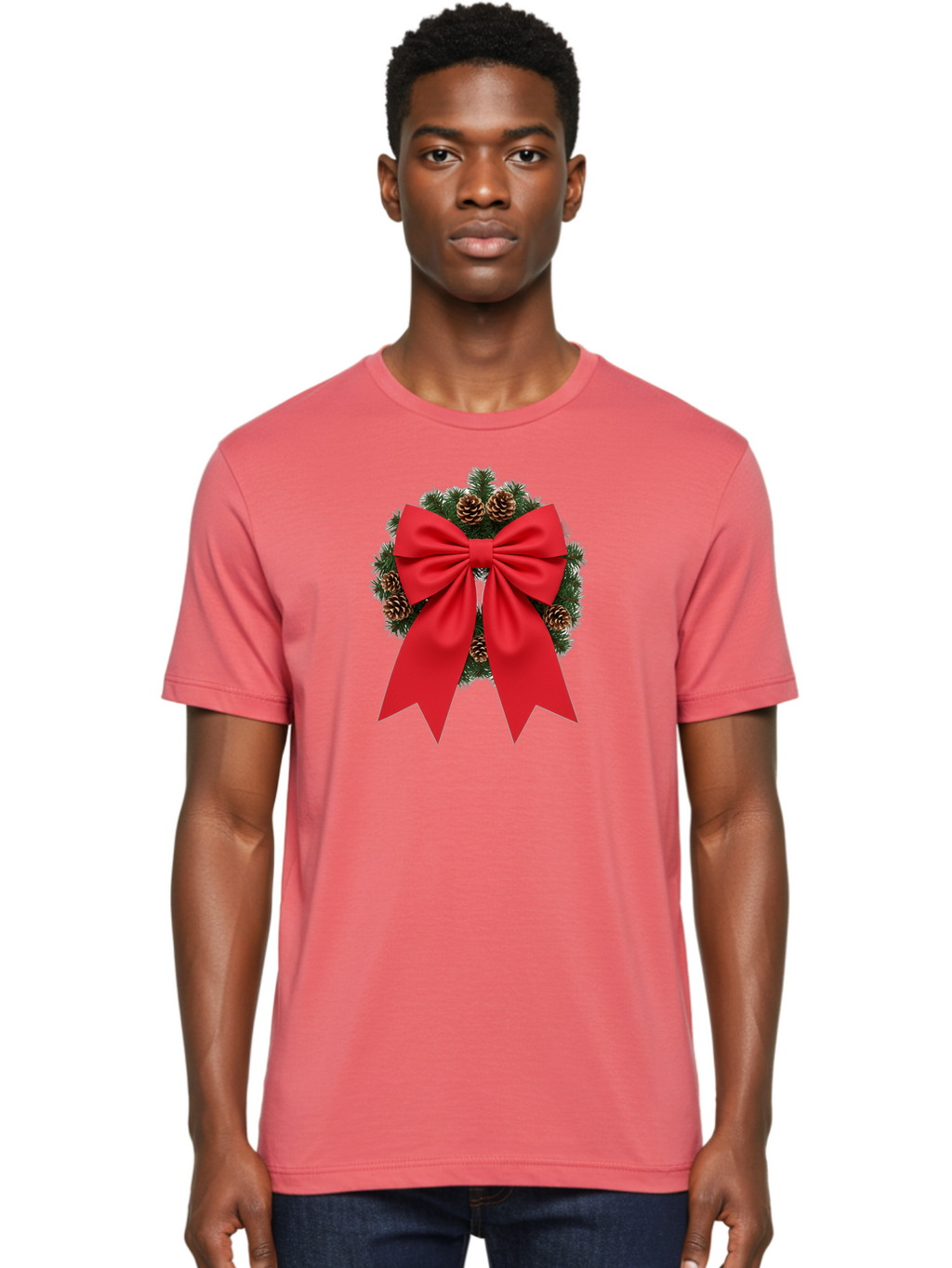 Christmas-Wreath-With-Red-Bow Men'S Graphic Tee, 100% Cotton, Comfortable Casual Summer Wear, Machine Washable, Pinecone Wreath, Christmas Decoration, Red Bow, Festive, Holiday Decor, Evergreen Branches, Satin Ribbon, Seasonal Decor, Bab758