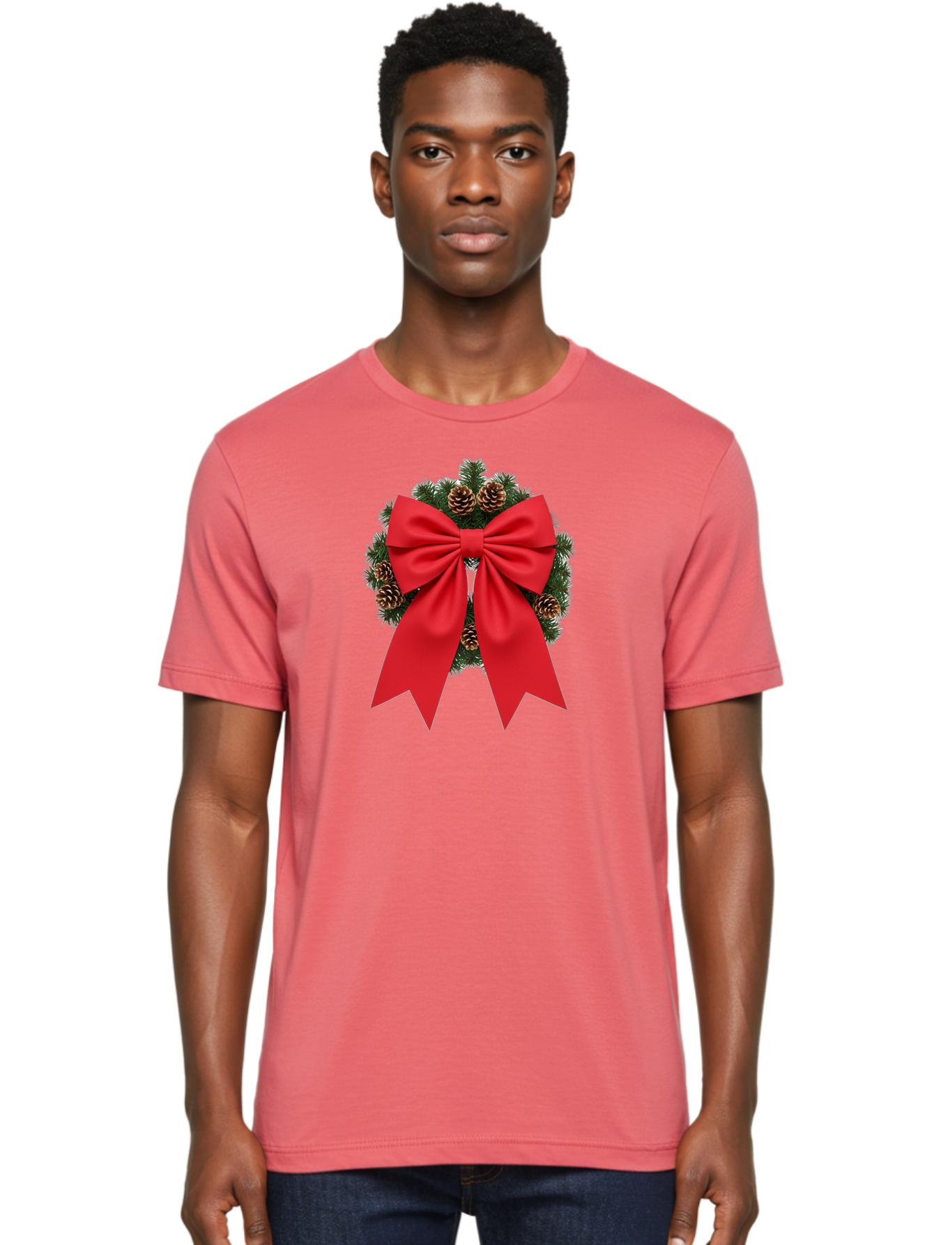Christmas-Wreath-With-Red-Bow Men'S Graphic Tee, 100% Cotton, Comfortable Casual Summer Wear, Machine Washable, Pinecone Wreath, Christmas Decoration, Red Bow, Festive, Holiday Decor, Evergreen Branches, Satin Ribbon, Seasonal Decor, Bab758