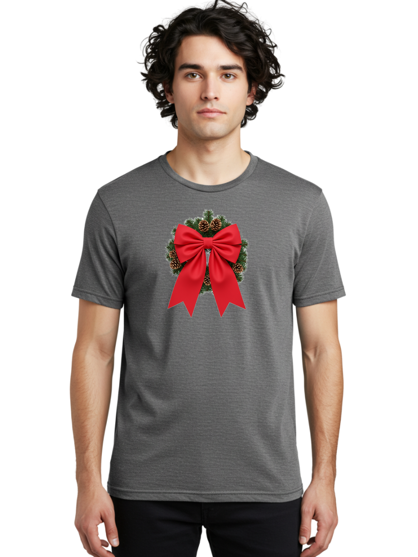Christmas-Wreath-With-Red-Bow Men'S Graphic Tee, 100% Cotton, Comfortable Casual Summer Wear, Machine Washable, Pinecone Wreath, Christmas Decoration, Red Bow, Festive, Holiday Decor, Evergreen Branches, Satin Ribbon, Seasonal Decor, Bab758