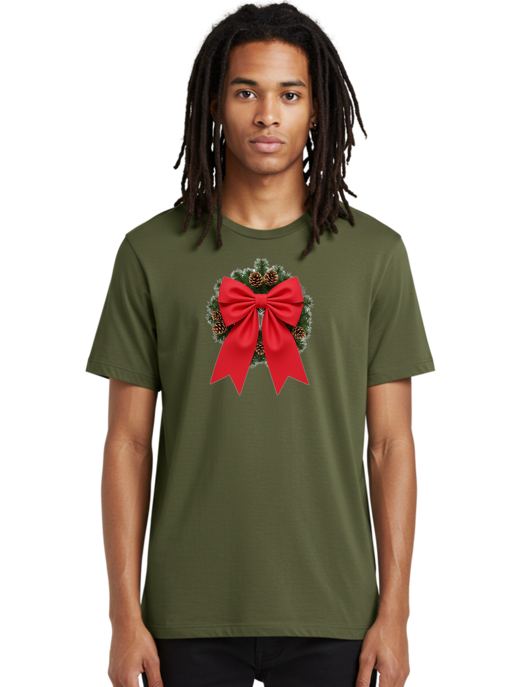 Christmas-Wreath-With-Red-Bow Men'S Graphic Tee, 100% Cotton, Comfortable Casual Summer Wear, Machine Washable, Pinecone Wreath, Christmas Decoration, Red Bow, Festive, Holiday Decor, Evergreen Branches, Satin Ribbon, Seasonal Decor, Bab758