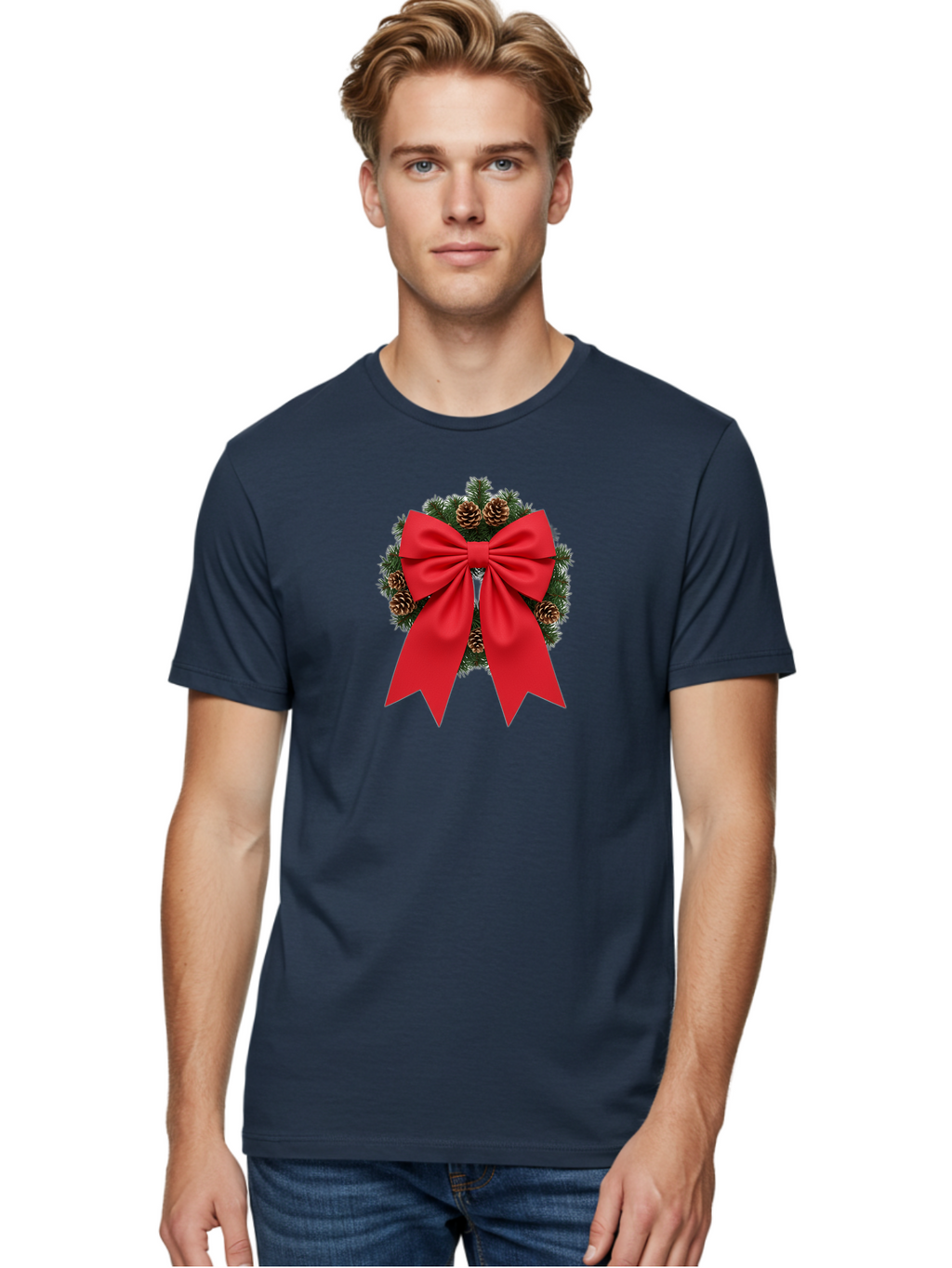 Christmas-Wreath-With-Red-Bow Men'S Graphic Tee, 100% Cotton, Comfortable Casual Summer Wear, Machine Washable, Pinecone Wreath, Christmas Decoration, Red Bow, Festive, Holiday Decor, Evergreen Branches, Satin Ribbon, Seasonal Decor, Bab758