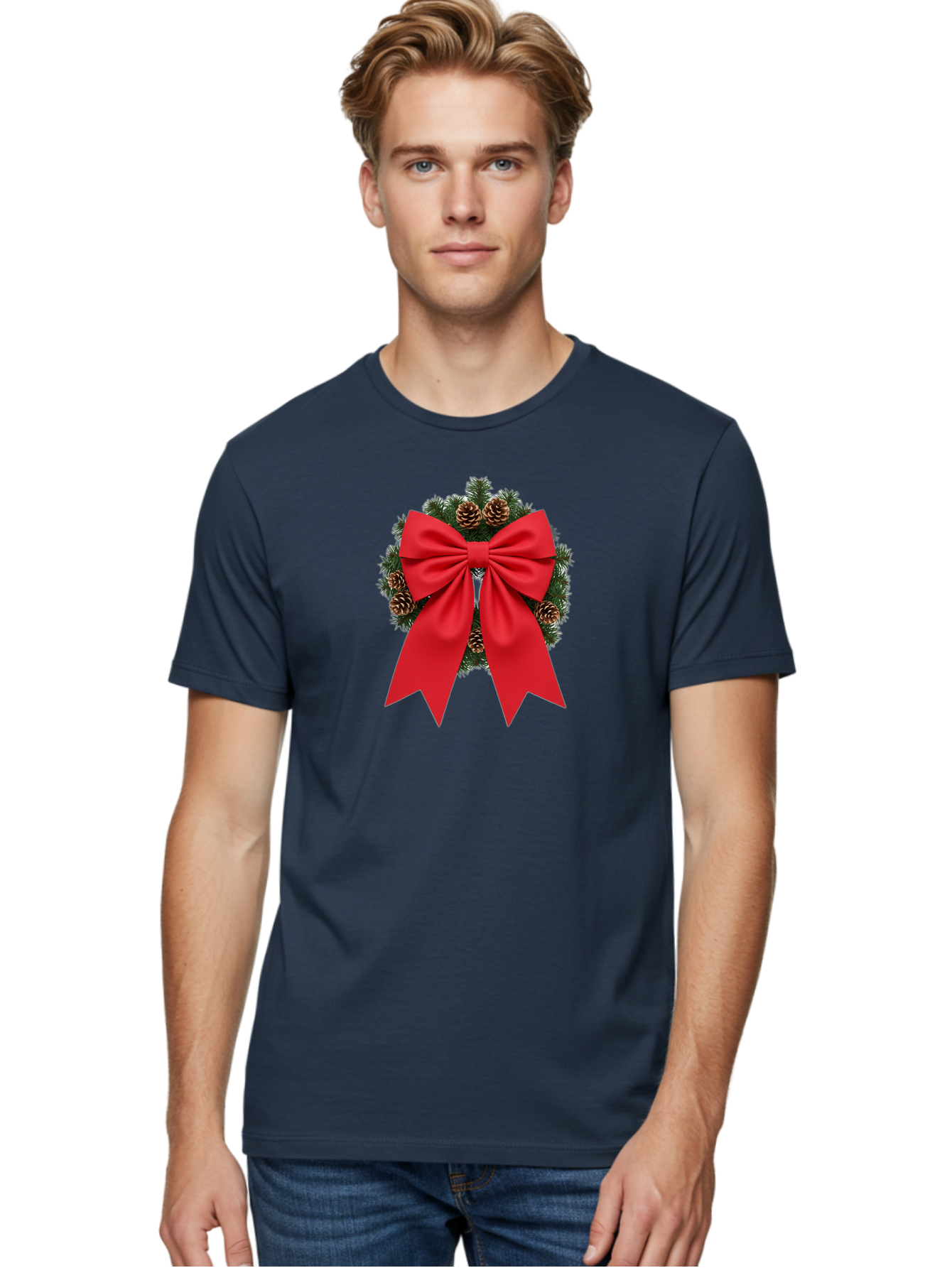Christmas-Wreath-With-Red-Bow Men'S Graphic Tee, 100% Cotton, Comfortable Casual Summer Wear, Machine Washable, Pinecone Wreath, Christmas Decoration, Red Bow, Festive, Holiday Decor, Evergreen Branches, Satin Ribbon, Seasonal Decor, Bab758