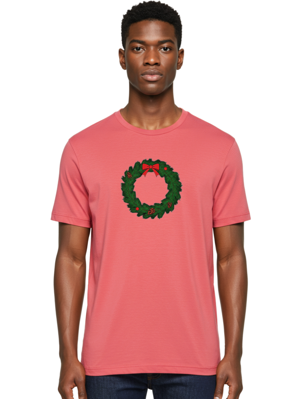 Christmas-Wreath Men'S Graphic Tee, 100% Cotton, Comfortable Casual Summer Wear, Machine Washable, Christmas Wreath, Evergreen Branches, Red Bow, Pinecones, Red Ornaments, Festive Decoration, Holiday Decor, Seasonal Design, Christmas Theme Bab759