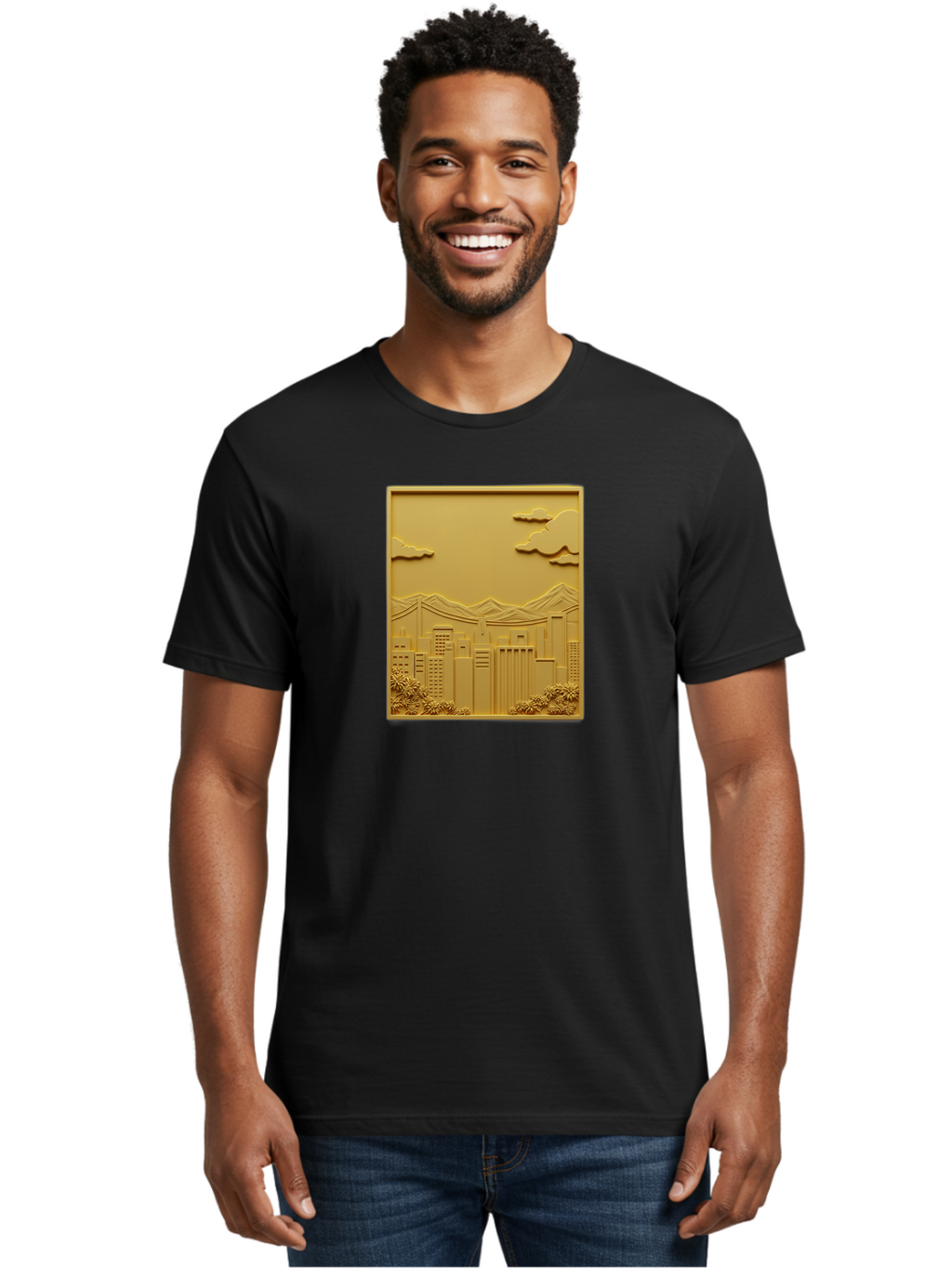 Cityscape Men'S Graphic Tee, 100% Cotton, Comfortable Casual Summer Wear, Machine Washable, Cityscape, Urban Landscape, Modern Architecture, Skyscrapers, Mountains, Clouds, 3D Artwork, Decorative Panel, Gold Tone, City View, Bab760
