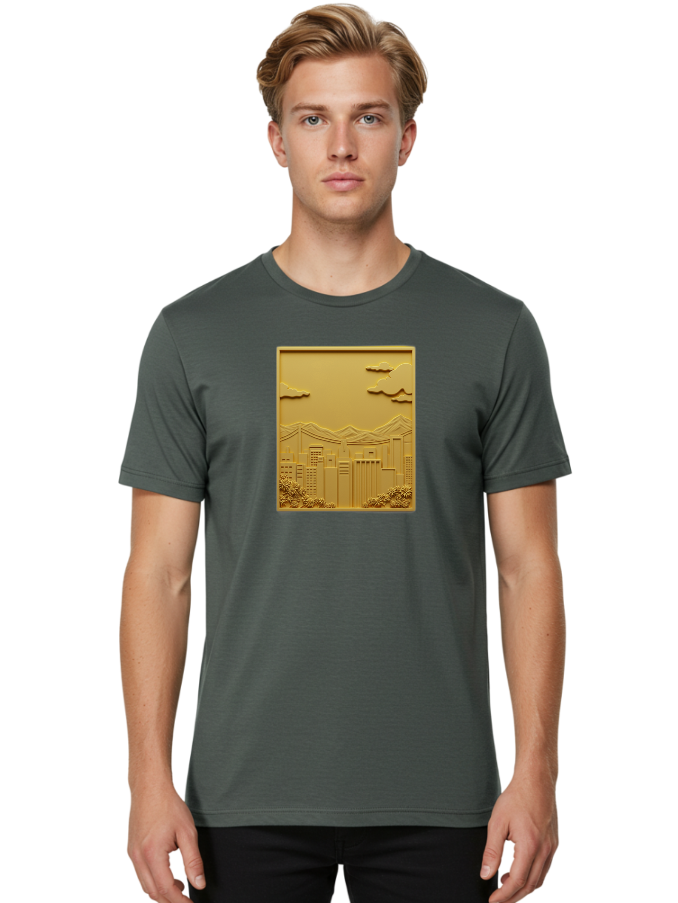 Cityscape Men'S Graphic Tee, 100% Cotton, Comfortable Casual Summer Wear, Machine Washable, Cityscape, Urban Landscape, Modern Architecture, Skyscrapers, Mountains, Clouds, 3D Artwork, Decorative Panel, Gold Tone, City View, Bab760