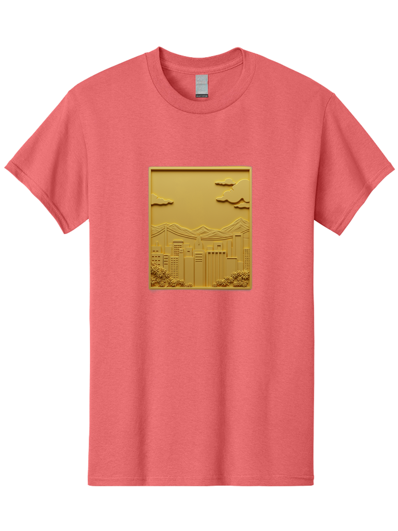 Cityscape Men'S Graphic Tee, 100% Cotton, Comfortable Casual Summer Wear, Machine Washable, Cityscape, Urban Landscape, Modern Architecture, Skyscrapers, Mountains, Clouds, 3D Artwork, Decorative Panel, Gold Tone, City View, Bab760
