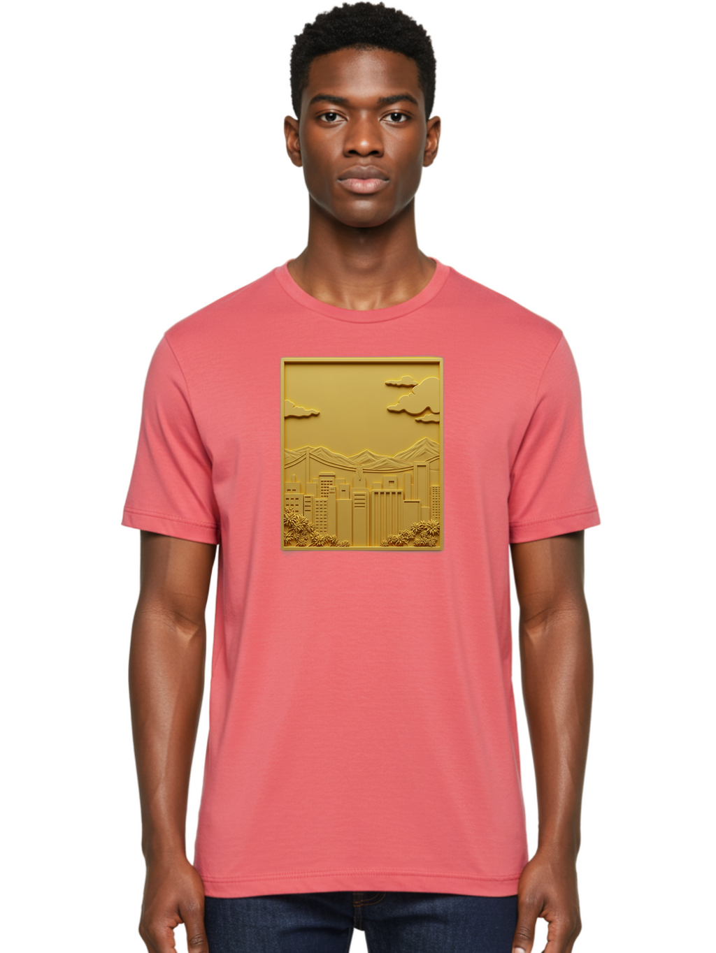 Cityscape Men'S Graphic Tee, 100% Cotton, Comfortable Casual Summer Wear, Machine Washable, Cityscape, Urban Landscape, Modern Architecture, Skyscrapers, Mountains, Clouds, 3D Artwork, Decorative Panel, Gold Tone, City View, Bab760