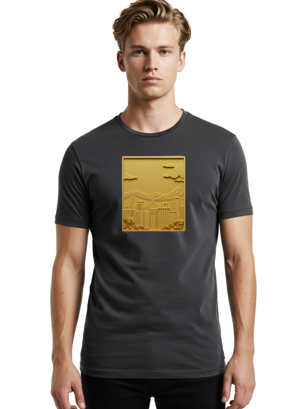 Cityscape Men'S Graphic Tee, 100% Cotton, Comfortable Casual Summer Wear, Machine Washable, Cityscape, Urban Landscape, Modern Architecture, Skyscrapers, Mountains, Clouds, 3D Artwork, Decorative Panel, Gold Tone, City View, Bab760