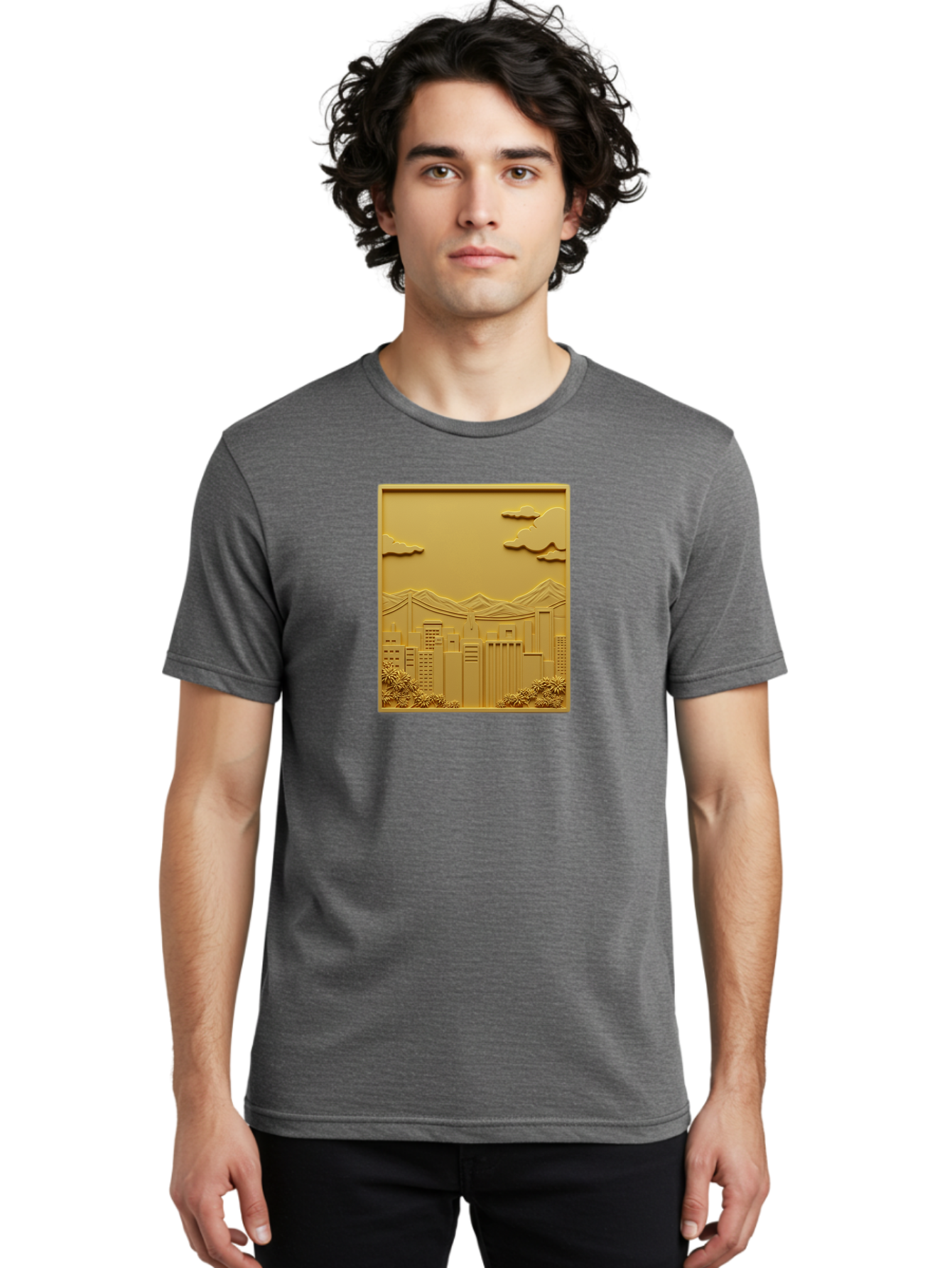 Cityscape Men'S Graphic Tee, 100% Cotton, Comfortable Casual Summer Wear, Machine Washable, Cityscape, Urban Landscape, Modern Architecture, Skyscrapers, Mountains, Clouds, 3D Artwork, Decorative Panel, Gold Tone, City View, Bab760