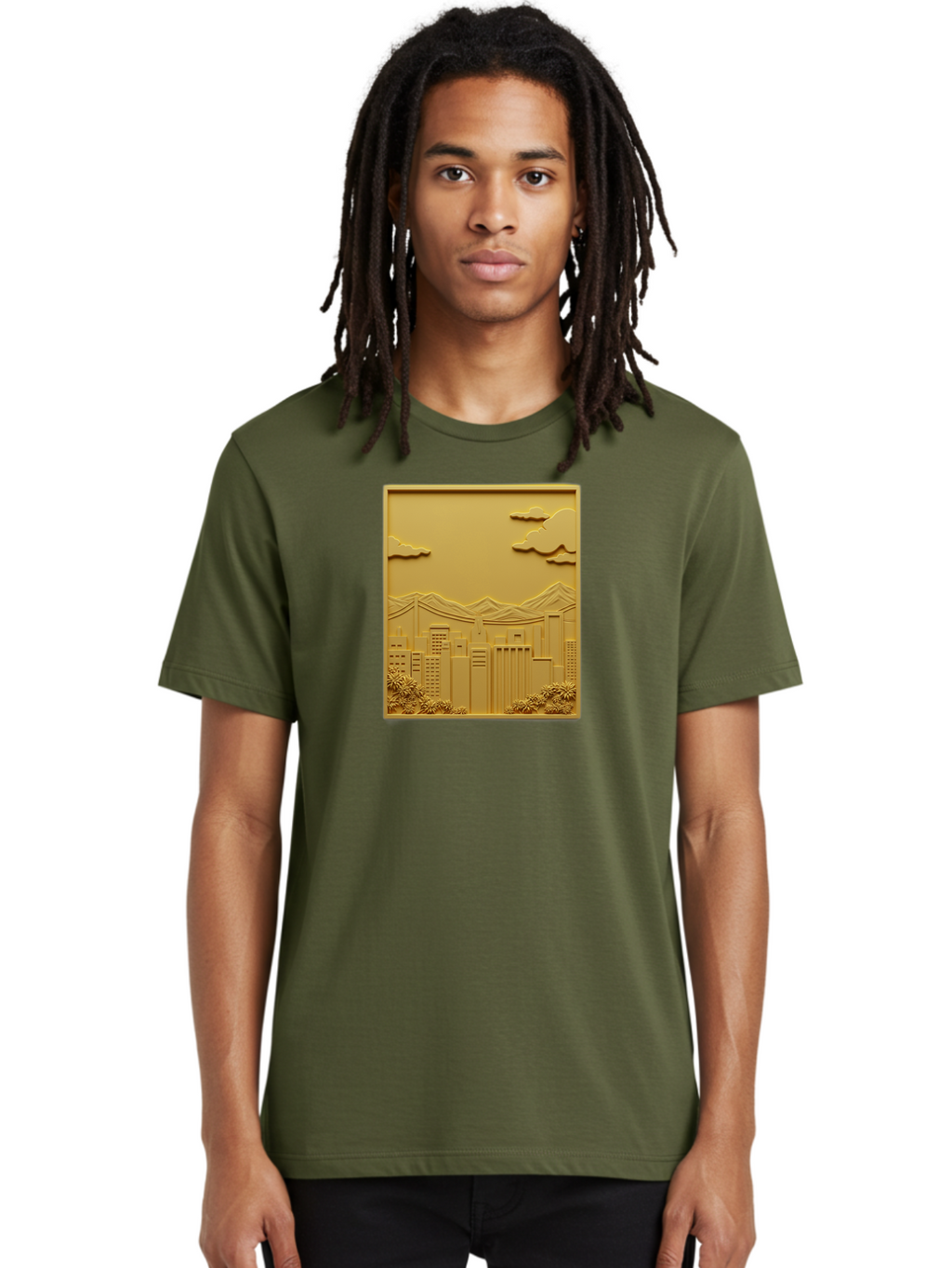 Cityscape Men'S Graphic Tee, 100% Cotton, Comfortable Casual Summer Wear, Machine Washable, Cityscape, Urban Landscape, Modern Architecture, Skyscrapers, Mountains, Clouds, 3D Artwork, Decorative Panel, Gold Tone, City View, Bab760
