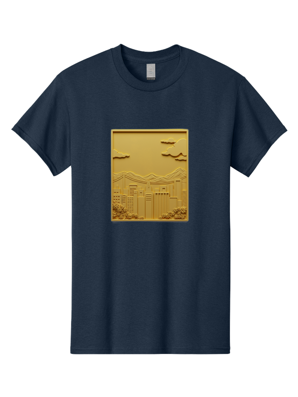 Cityscape Men'S Graphic Tee, 100% Cotton, Comfortable Casual Summer Wear, Machine Washable, Cityscape, Urban Landscape, Modern Architecture, Skyscrapers, Mountains, Clouds, 3D Artwork, Decorative Panel, Gold Tone, City View, Bab760